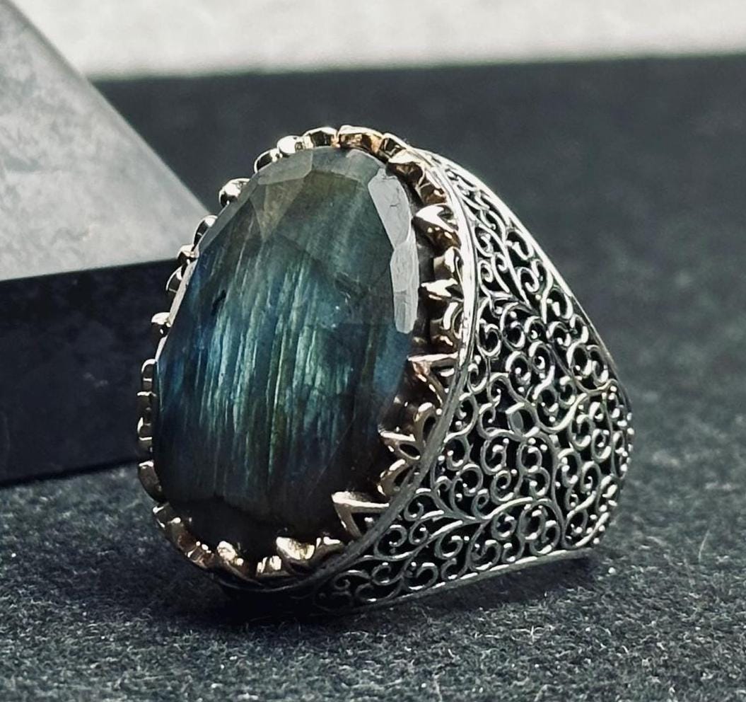 Labradorite Statement Ring: Meteorite Stone - Sterling Silver Handmade
