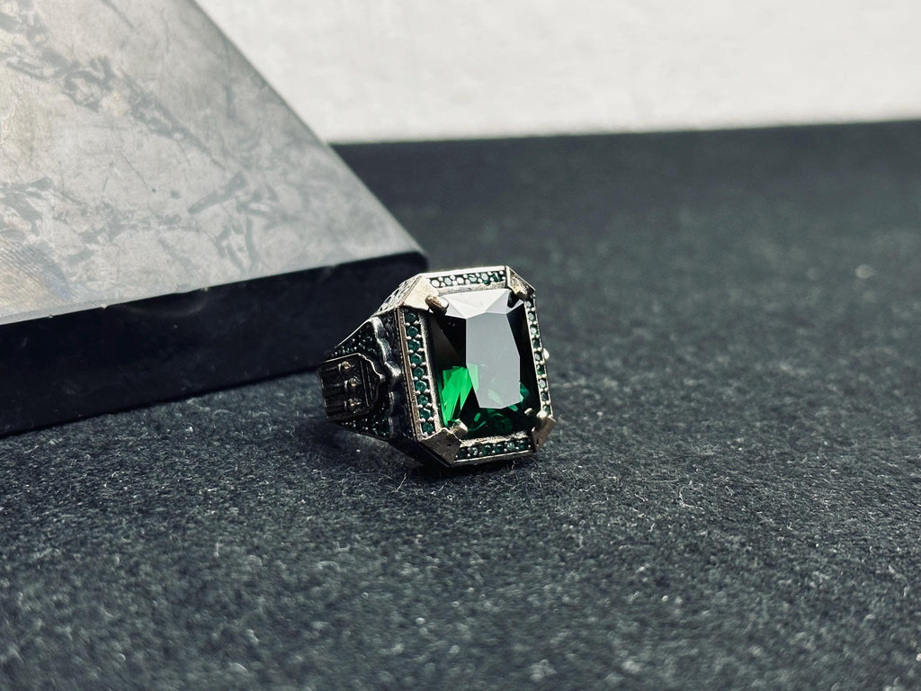 Turkish Sterling Silver Ring, Square Emerald Zircon (Men’s Statement)