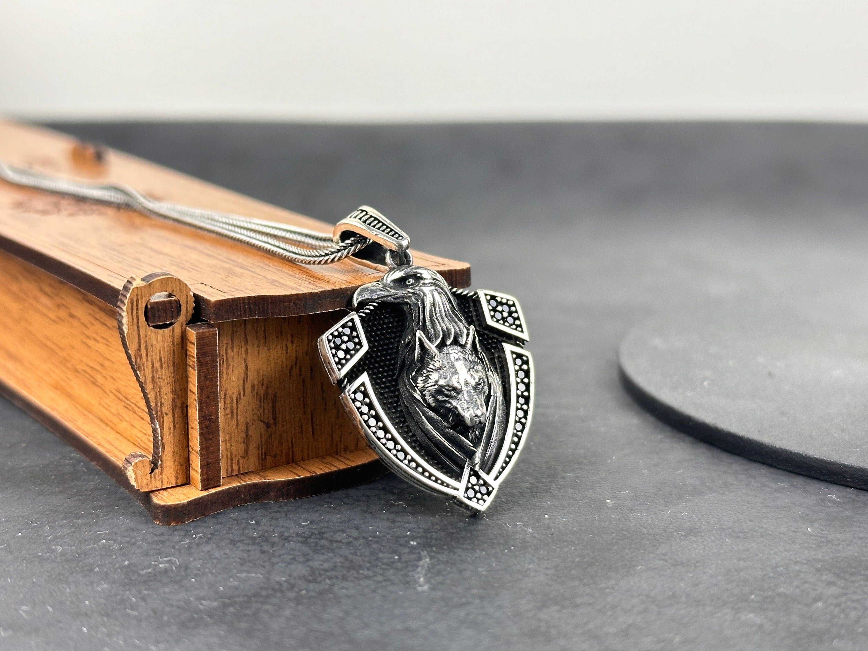 Wolf Head Shield Necklace: Sterling Silver Layered Pendant