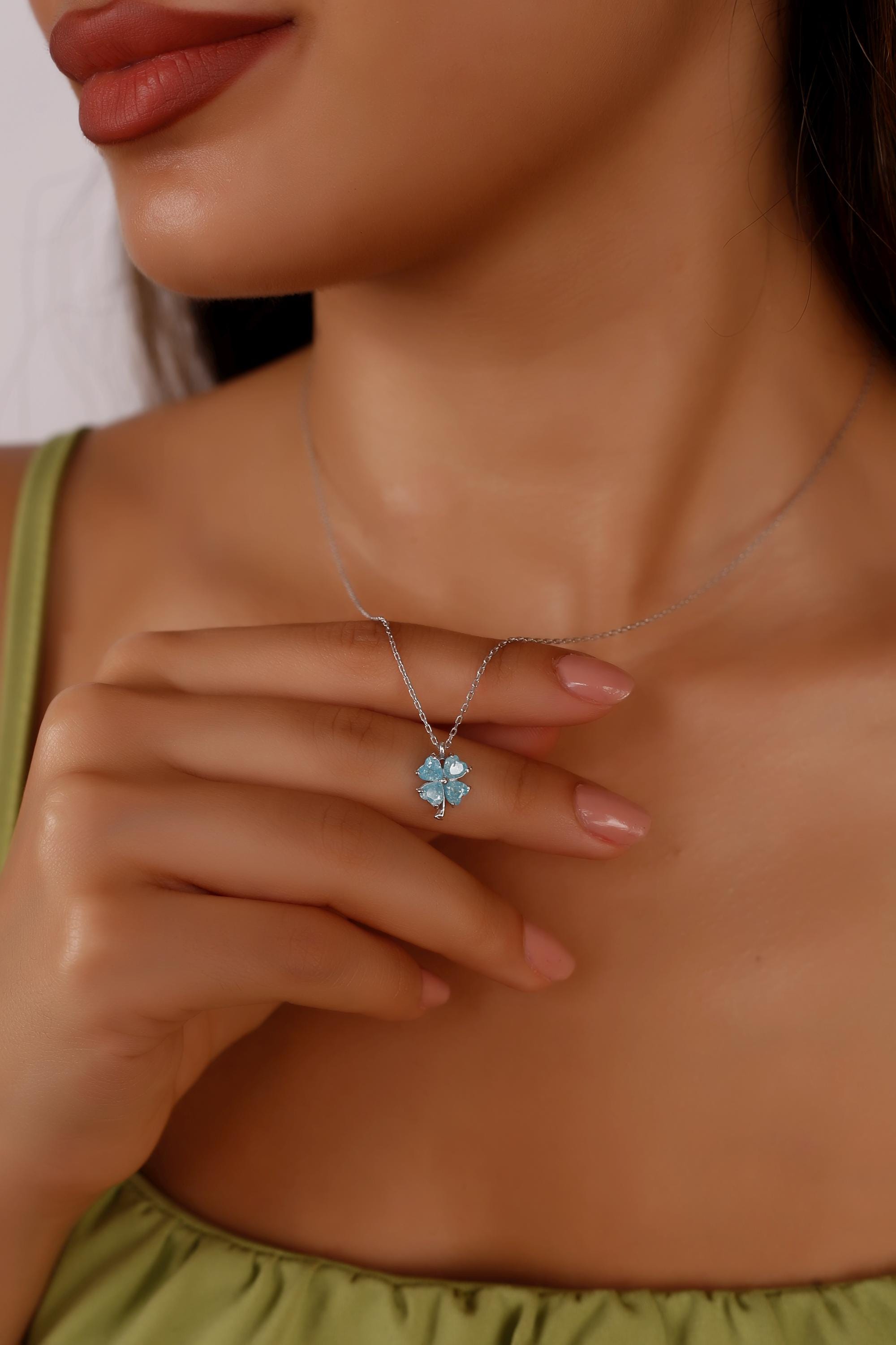 Sterling Silver Blue Zircon Clover Necklace, Lucky Charm Jewelry