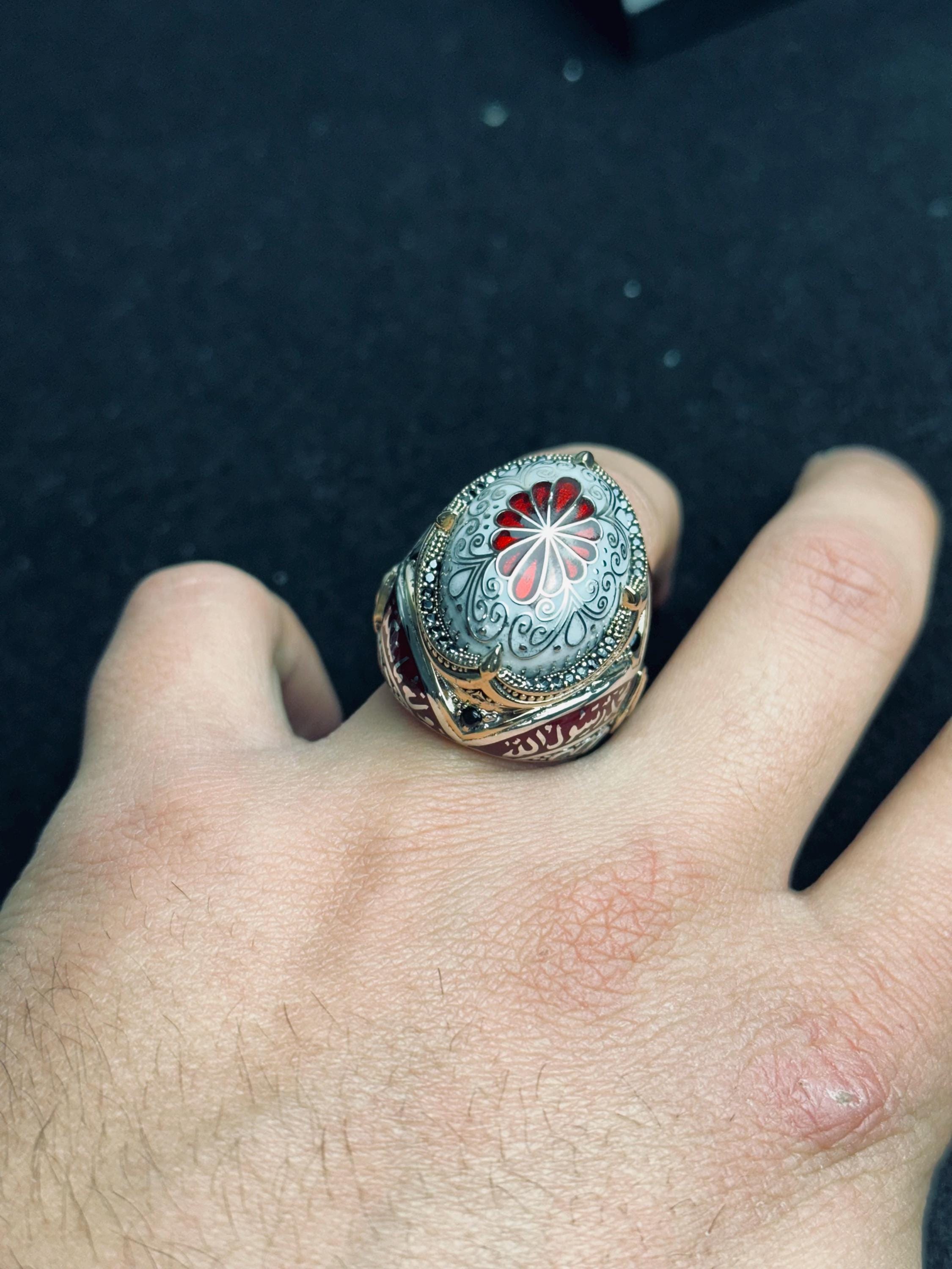 Red Enamel Islamic Ring, 925 Sterling Silver Arabic Calligraphy