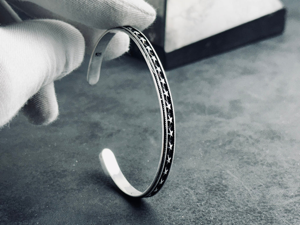 Star Embroidered Silver Bangle: Handmade Adjustable Sterling Cuff