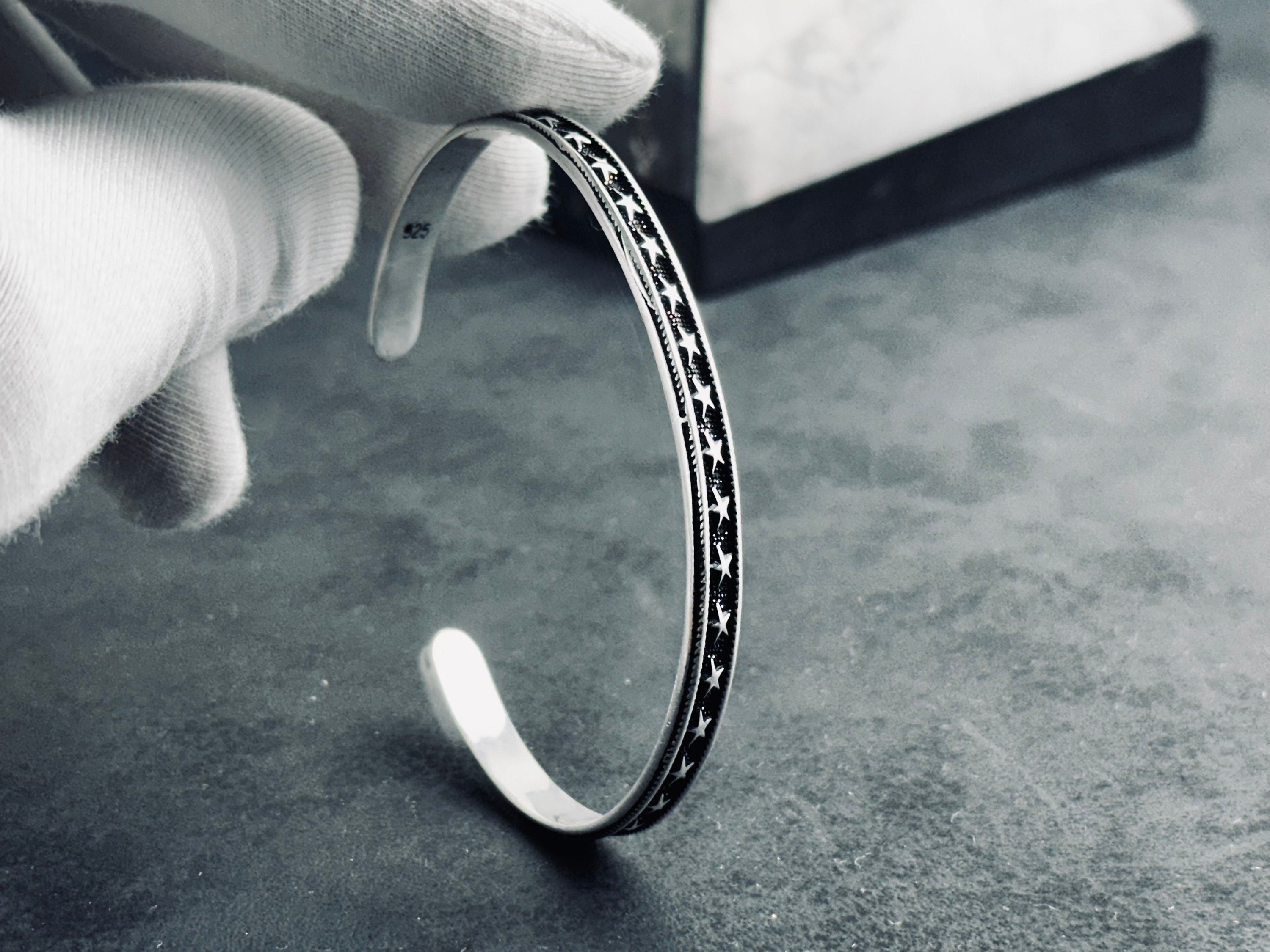 Star Embroidered Silver Bangle: Handmade Adjustable Sterling Cuff