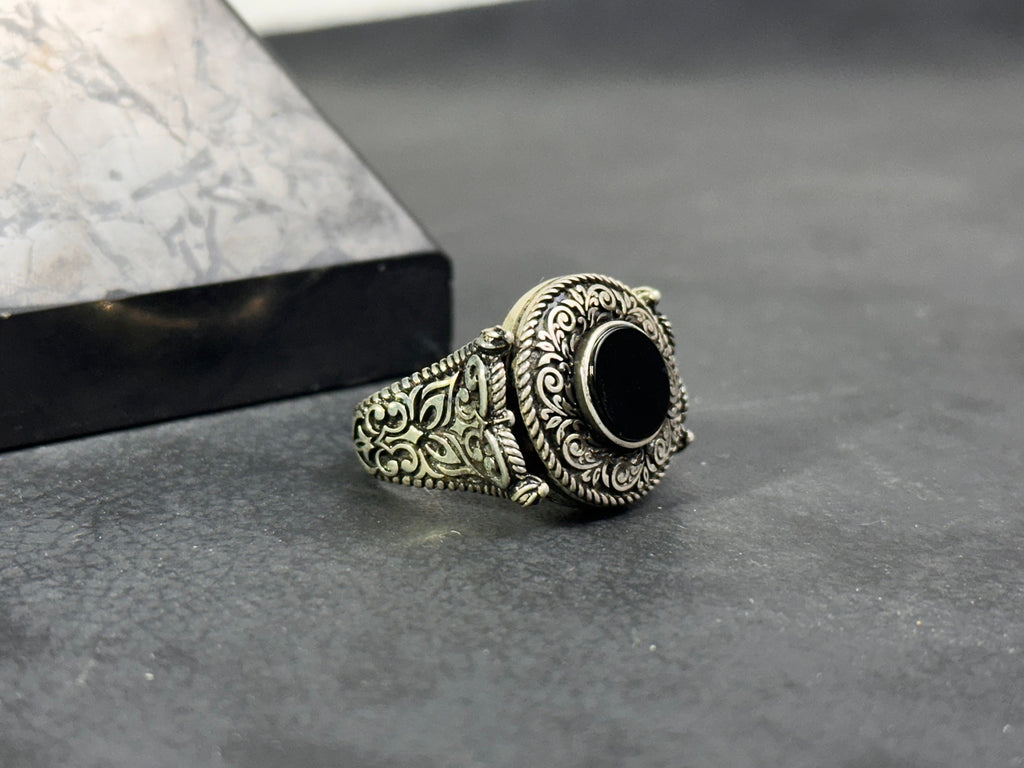 Engraved Greek Onyx Ring: Sterling Silver Flat Black Stone