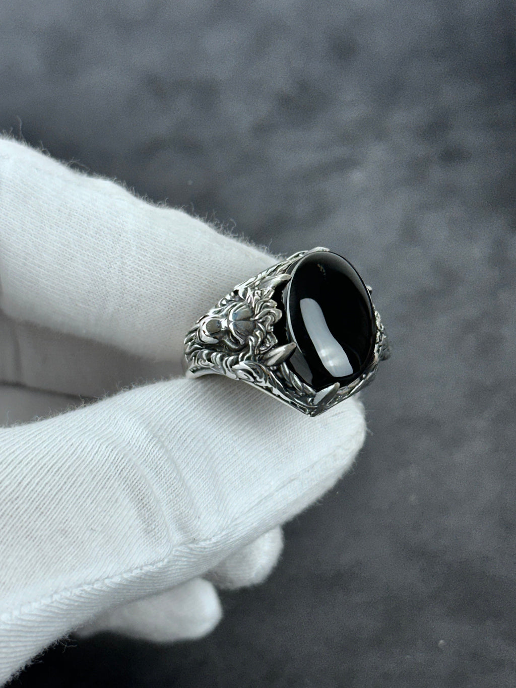 Men's Sterling Silver Onyx Ring, Lion Detail (Handcrafted)