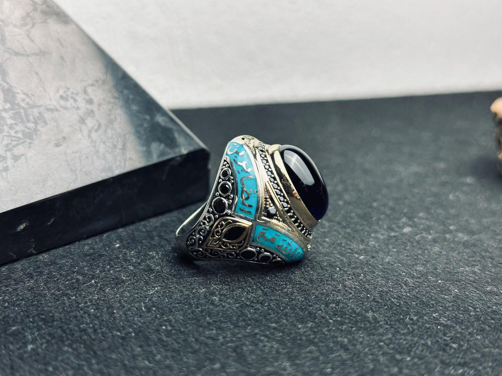 Islamic Silver Ring: Blue Zircon Oval Stone (Handmade Turkish Jewelry)