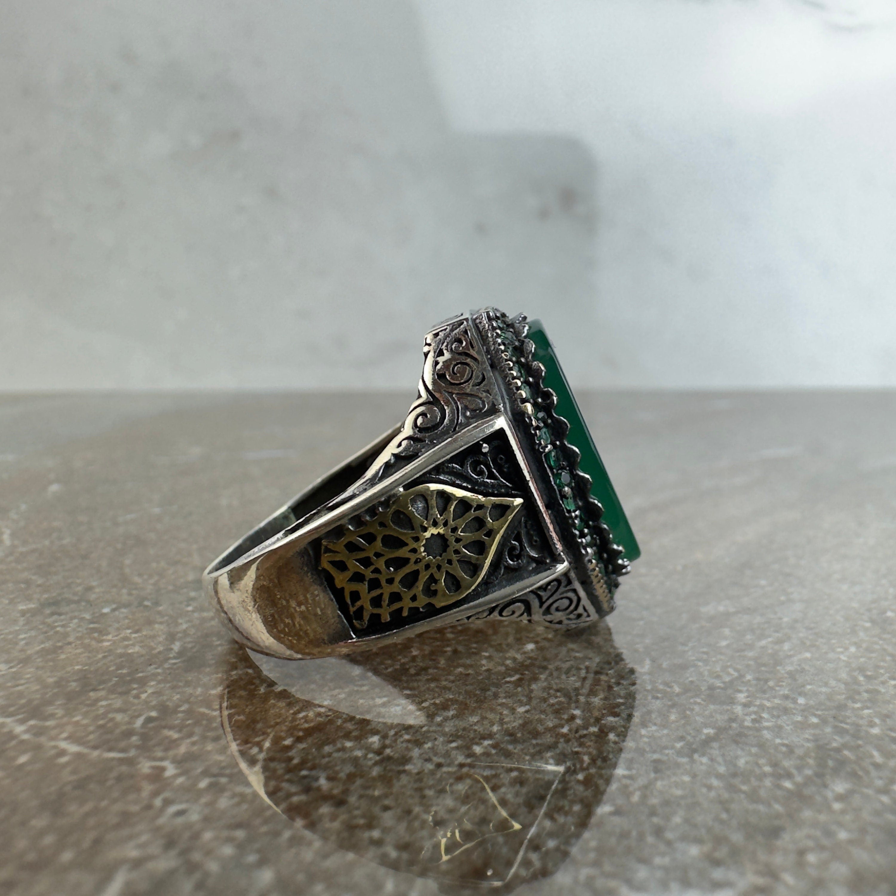 Sterling Silver Ring: Green Agate Stone - Handmade Ottoman Design