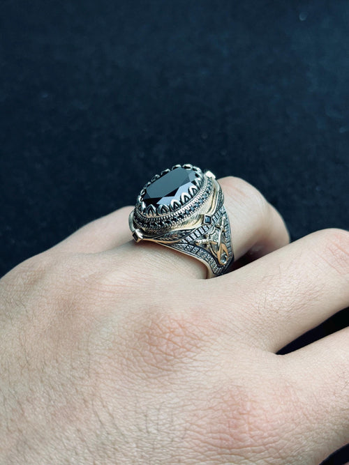 Black Zircon Men’s Ring - Unique Handmade Turkish Silver