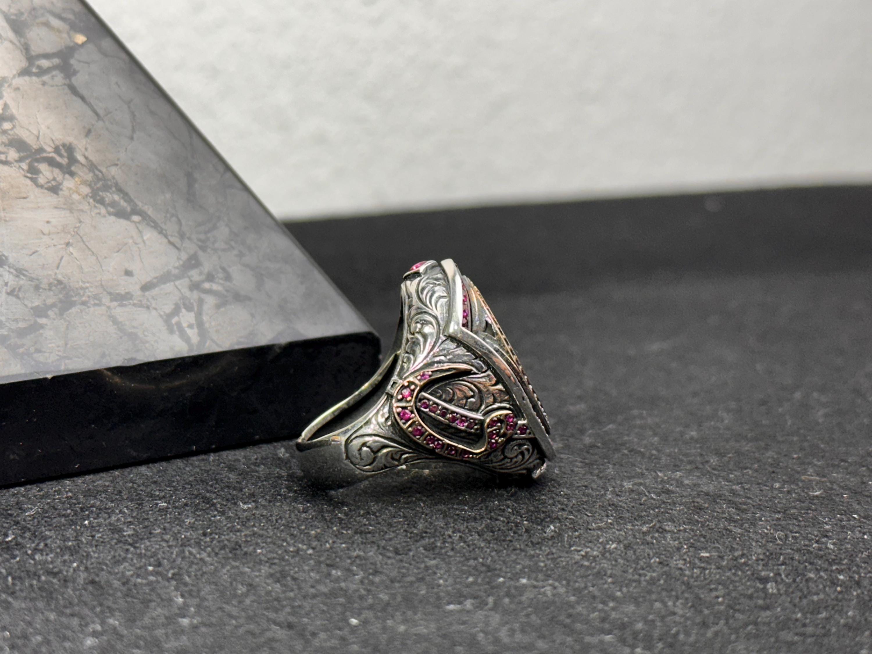Seal of Solomon Ring: Arabic Calligraphy - Sterling Silver, Pink CZ