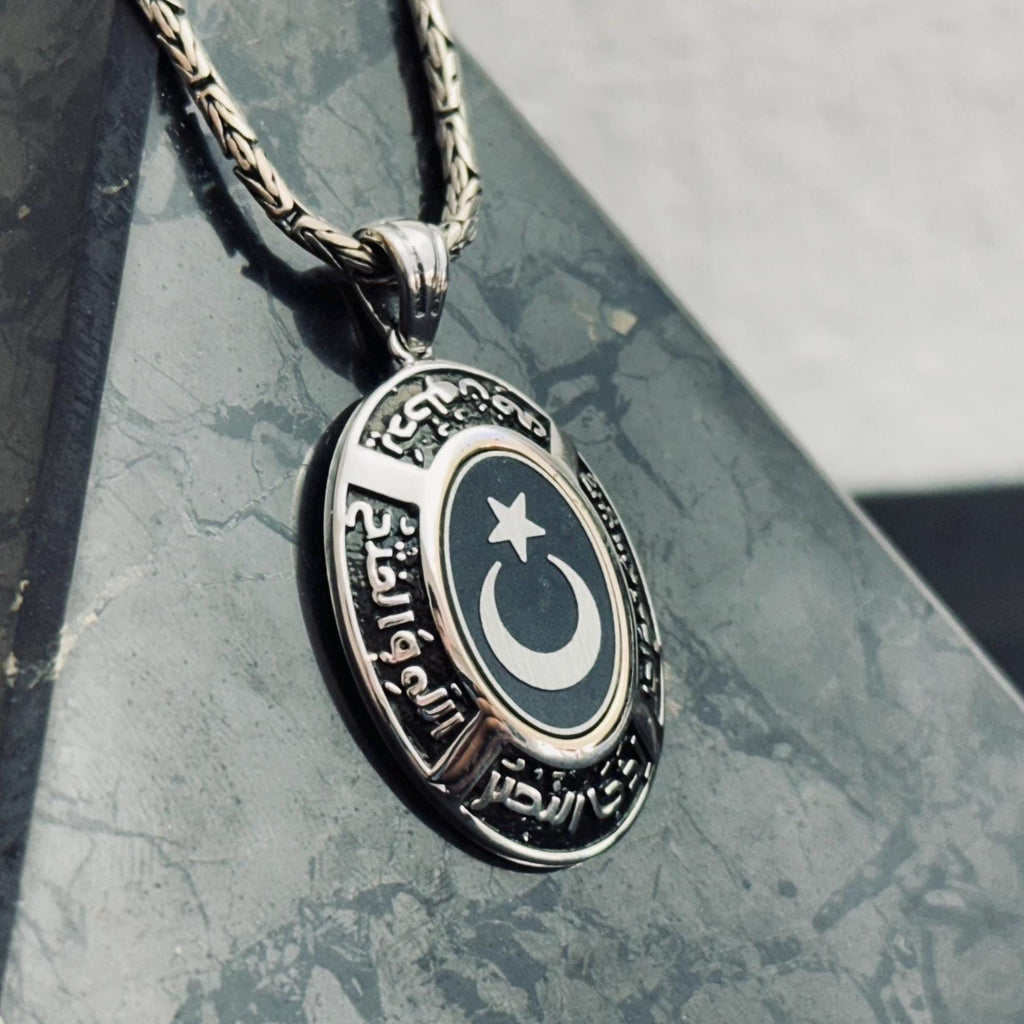 Crescent Moon & Star Necklace, Sterling Silver Oval Pendant (Handmade)