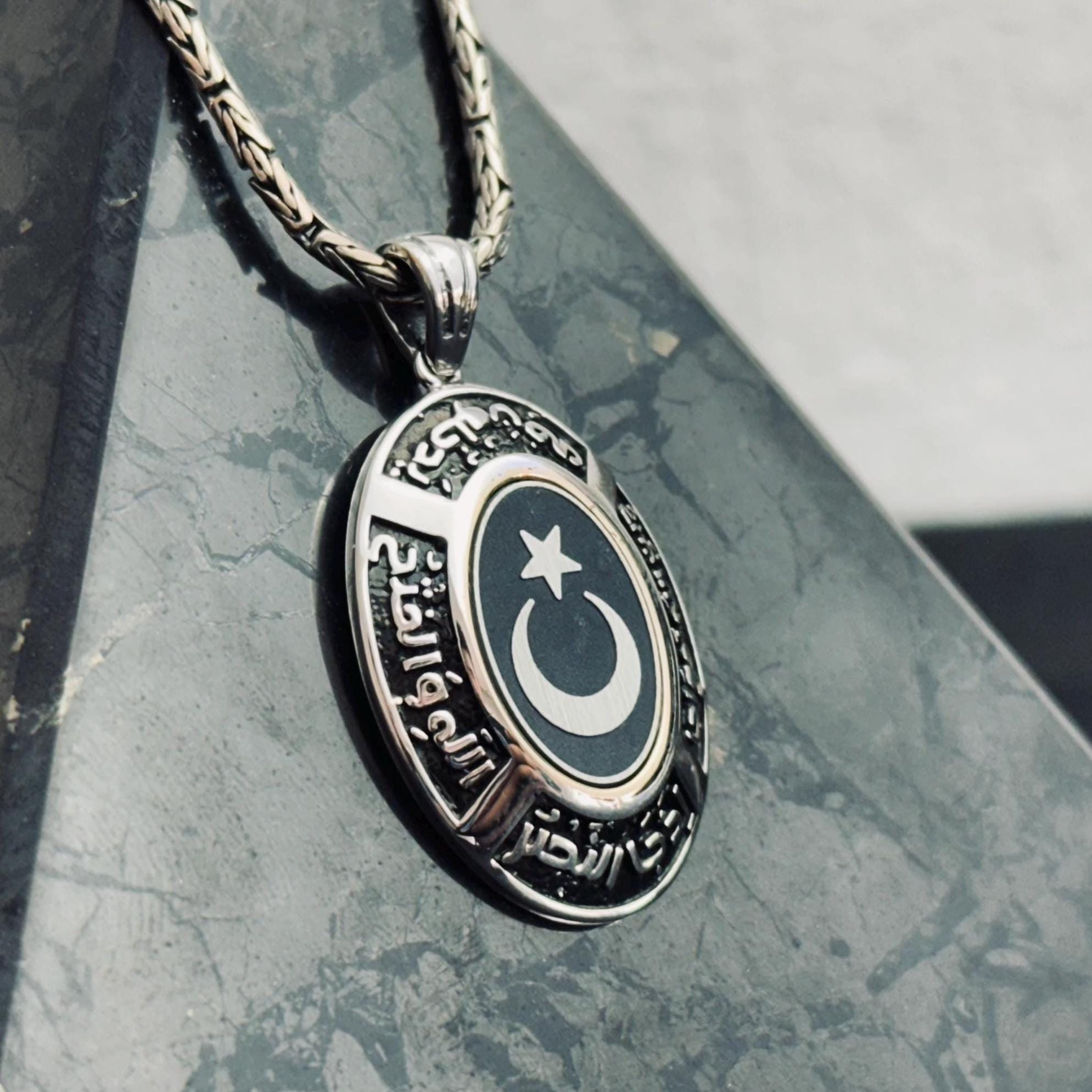 Crescent Moon & Star Necklace, Sterling Silver Oval Pendant (Handmade)