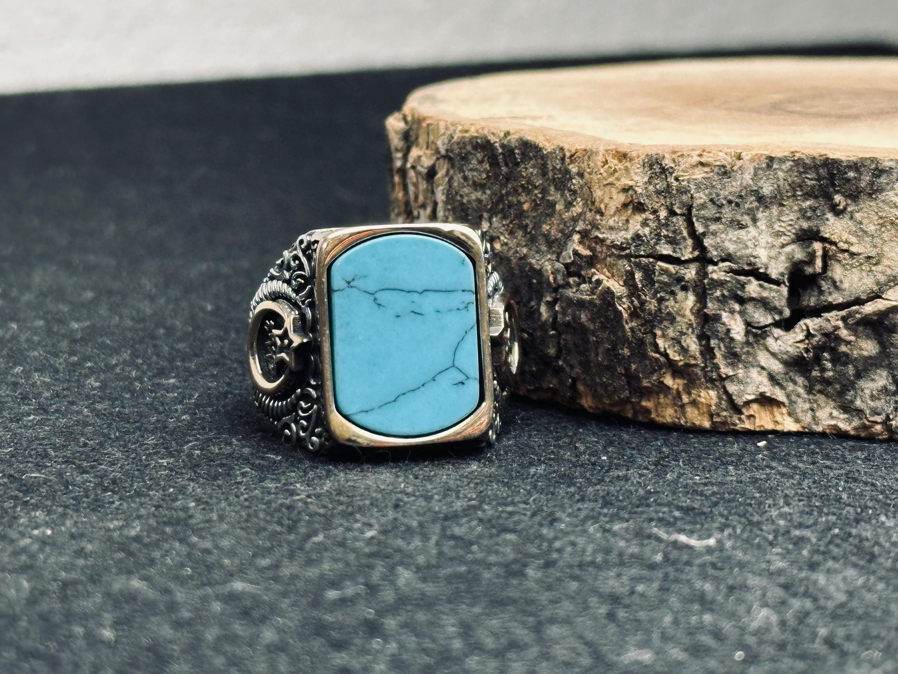 Men's Silver Ring: Mystic Topaz and Crescent Star - Handmade