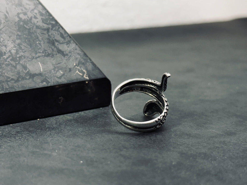 Sterling Silver Snake Ring, Oxidized Finish (Adjustable, Handmade)