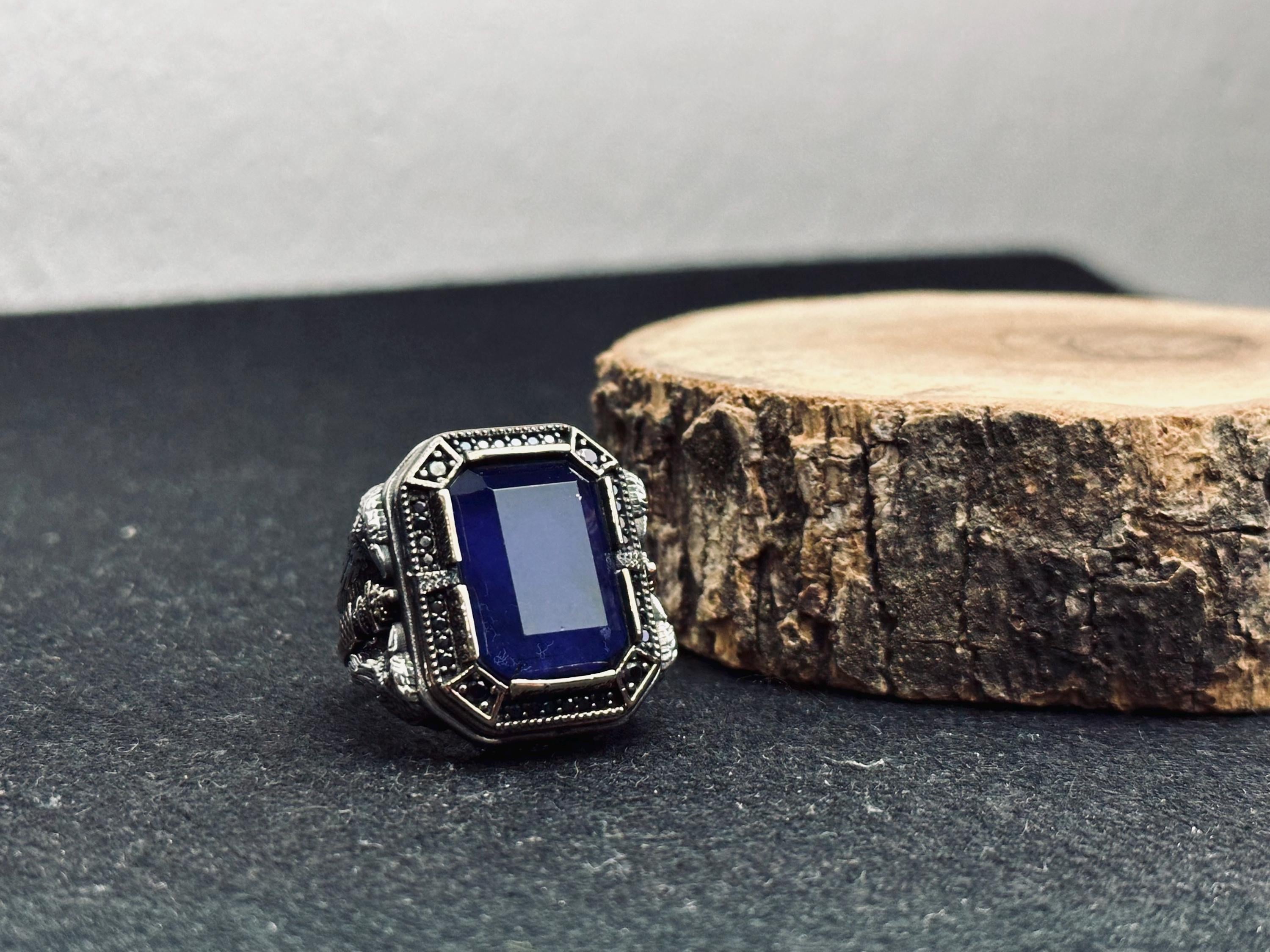 Ottoman Men’s Sapphire Ring - Handmade Sterling Silver Statement