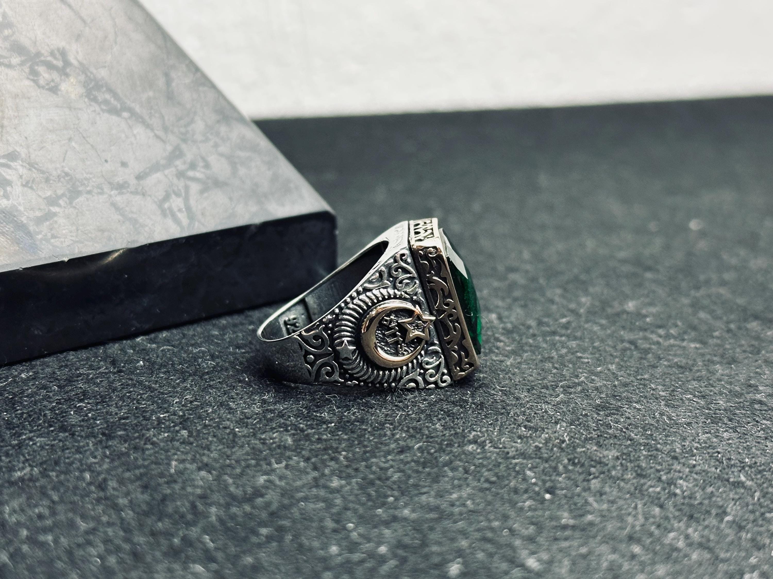 Colombian Emerald Ring for Men: Square Cut, Moon & Star Design