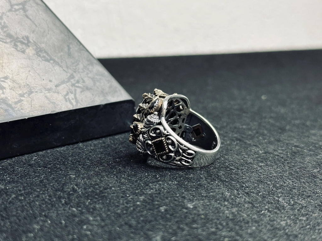 Turkish Handmade Men's Ring, Black Zircon Geometric (Sterling Silver)