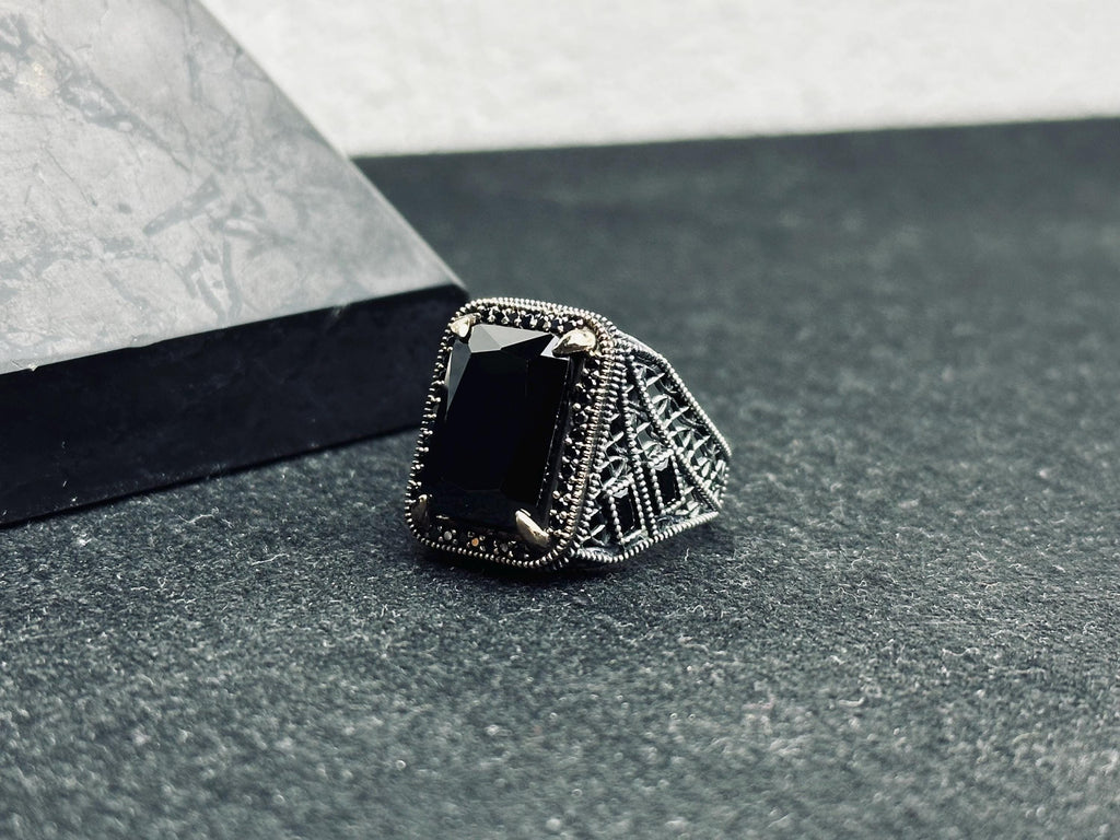 Black Zircon Men's Ring - Sterling Silver Ottoman Style