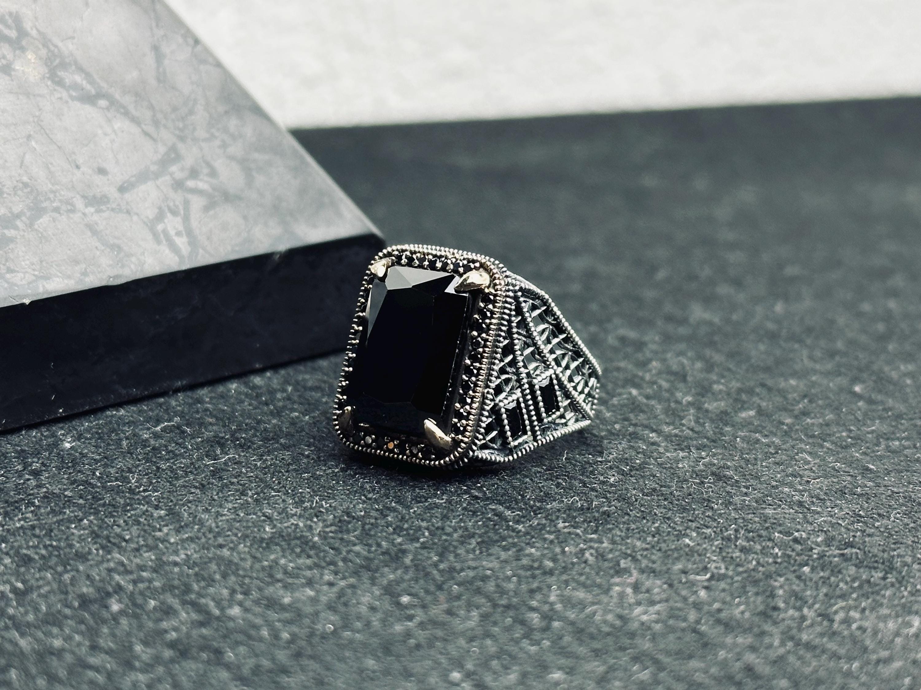 Black Zircon Men's Ring - Sterling Silver Ottoman Style