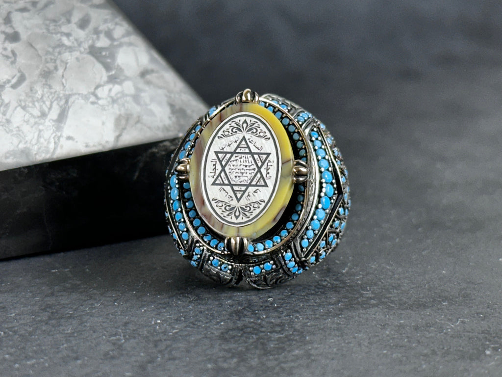 Seal of Solomon Ring: Spiritual Amber Stone (Sterling Silver)