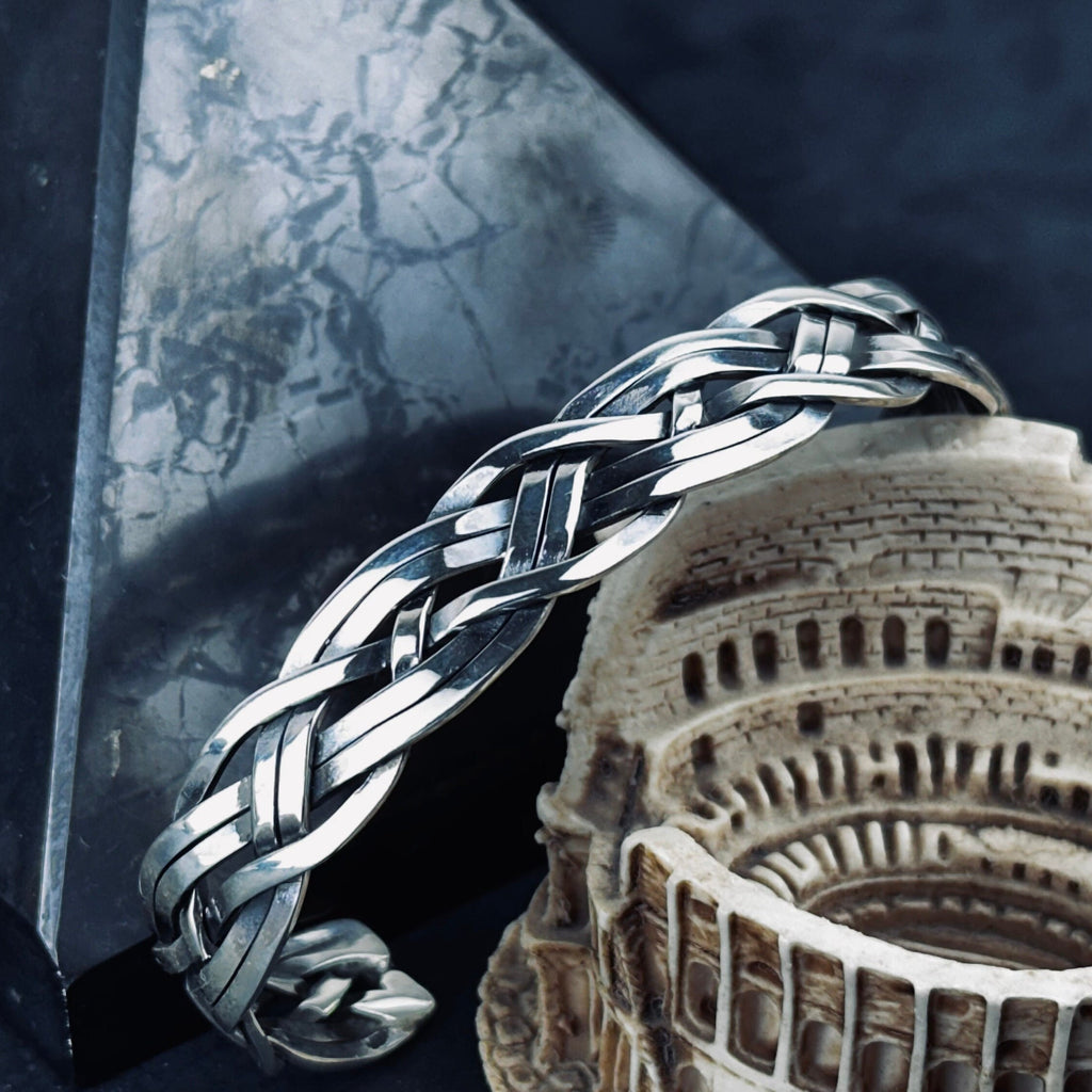 Knitted Silver Cuff Bracelet: Handmade Adjustable Braid (Sterling 925)