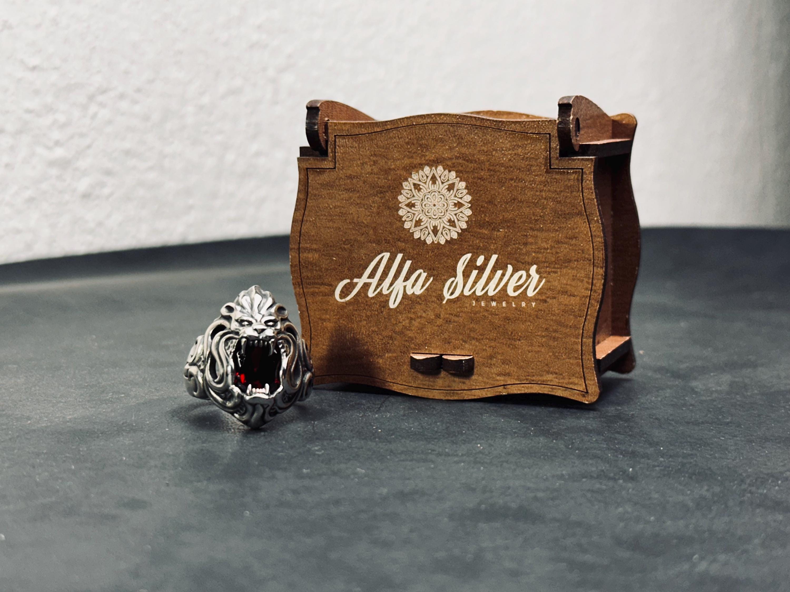 Boho Sterling Silver Lion Ring, Red Cubic Zirconia (Oxidized Finish)