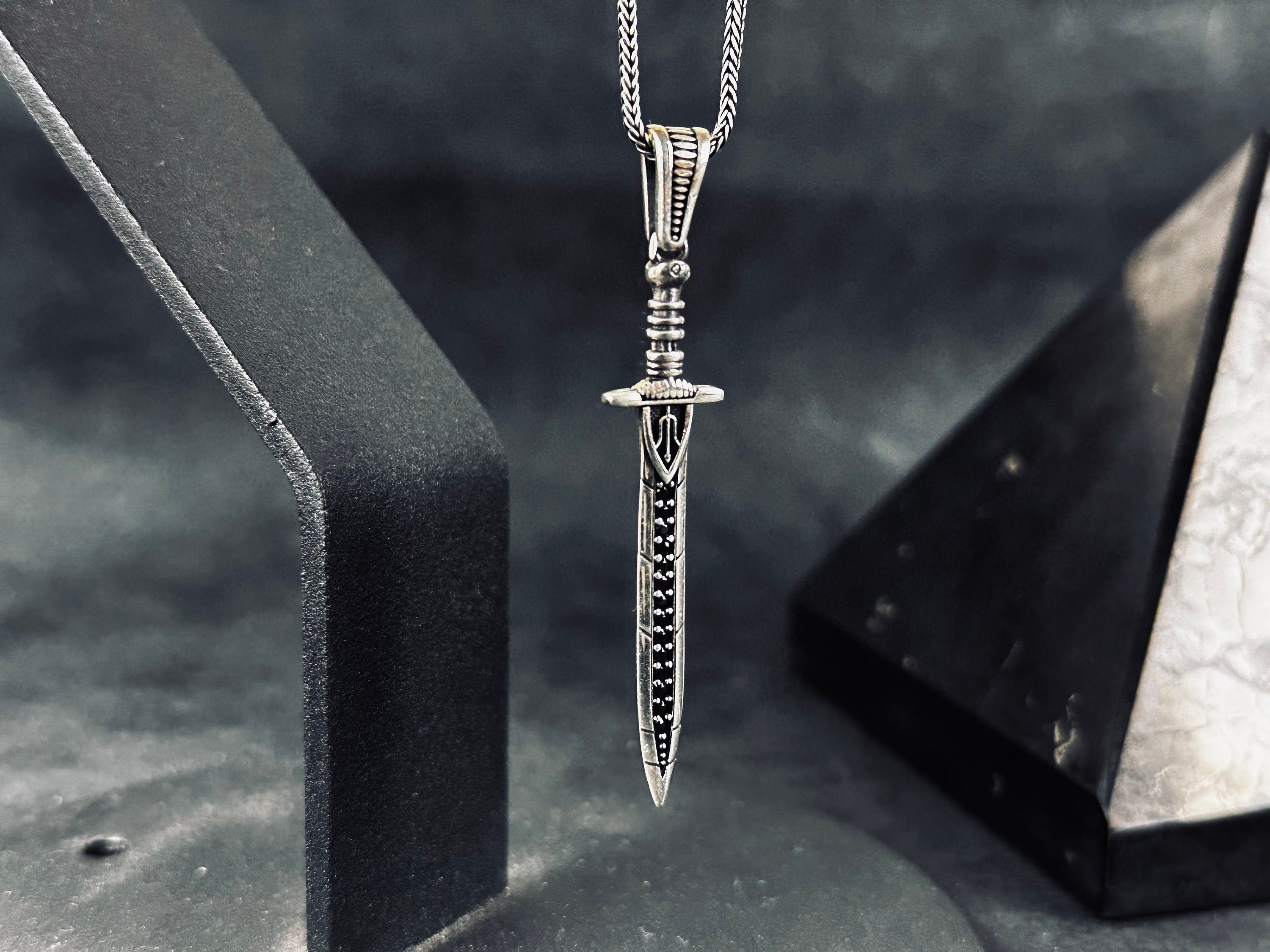 Viking Sword Necklace: Silver Pendant with Zircon Stones