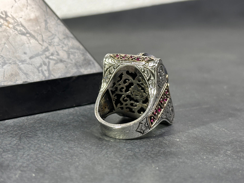Solomon King Seal Ring: Sterling Silver, Amber Stone - Engraved Detail