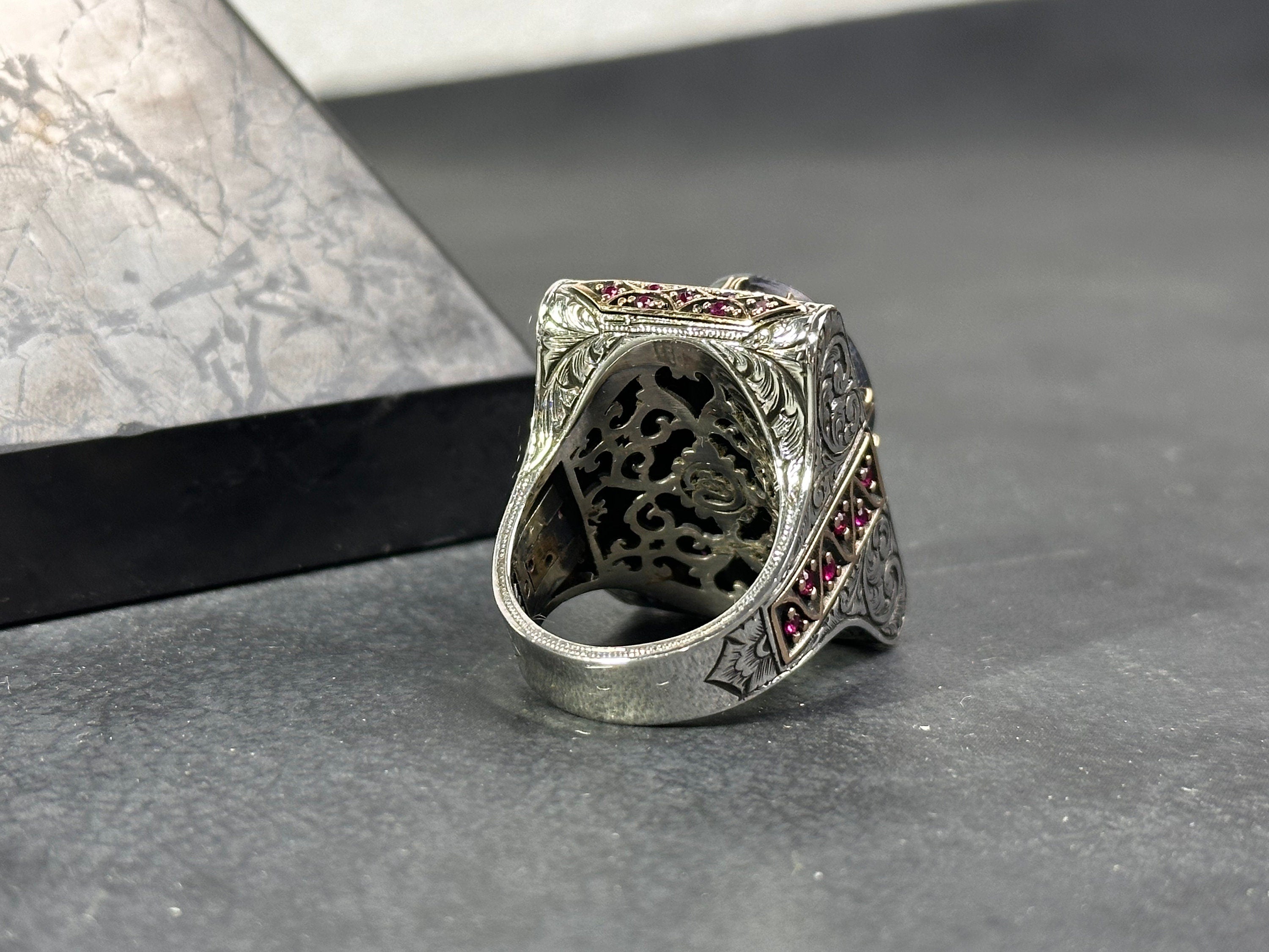 Solomon King Seal Ring: Sterling Silver, Amber Stone - Engraved Detail