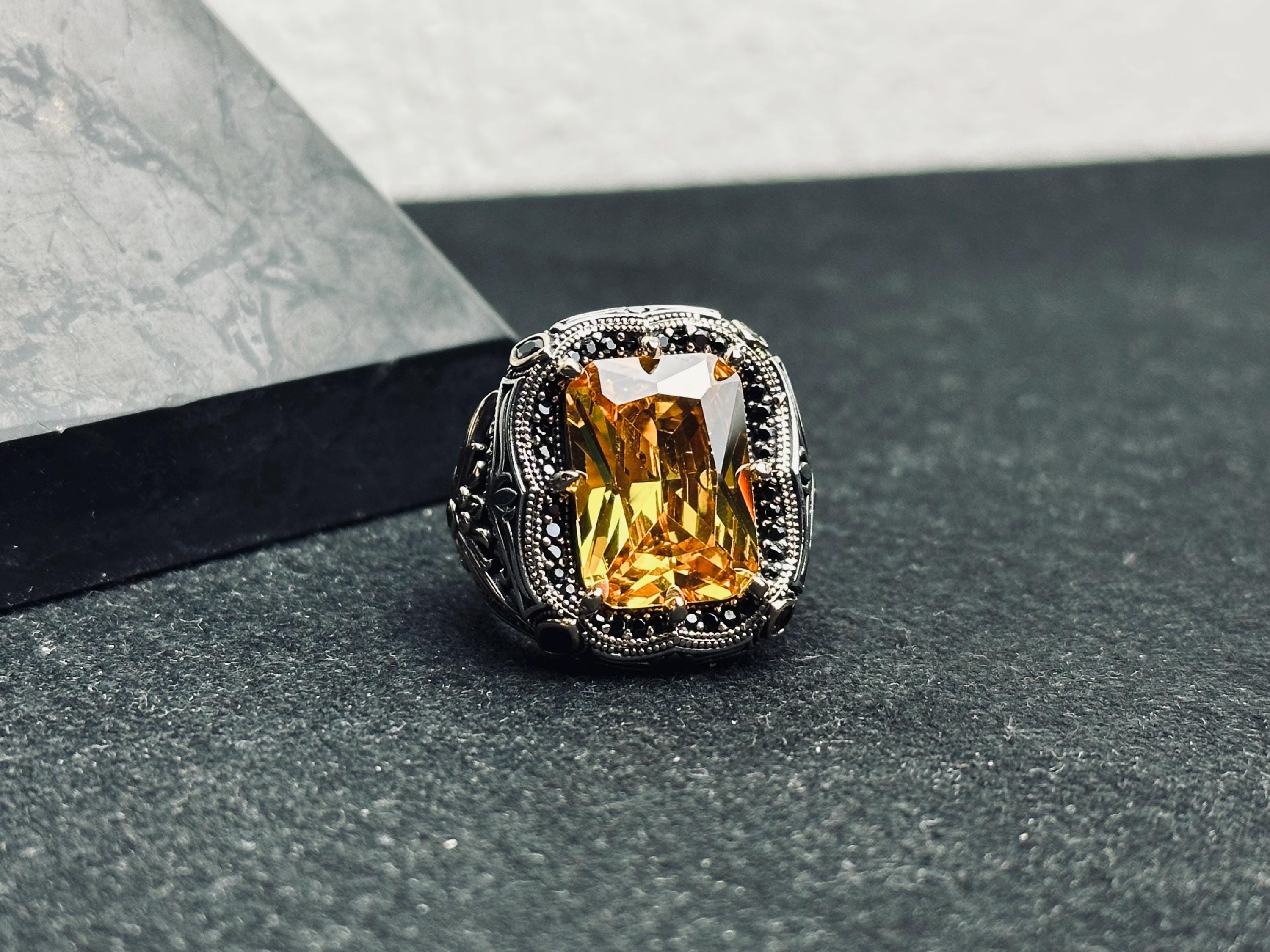 Men's Citrine Ring, Square Cut Stone, Sterling Silver (Handmade)