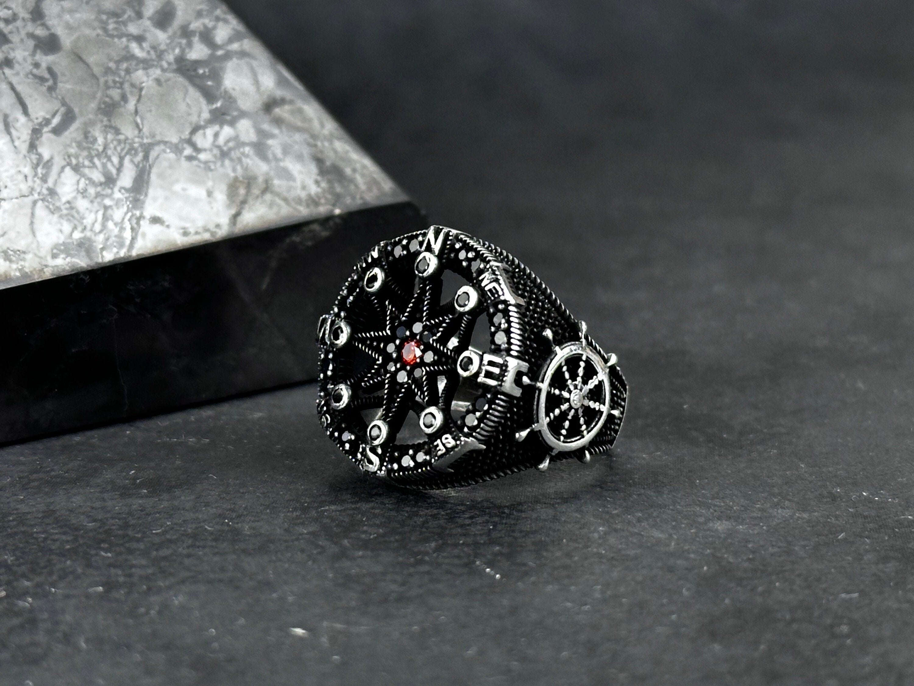 Sailor Sterling Silver Compass Ring (Handmade, Gift Box Included)