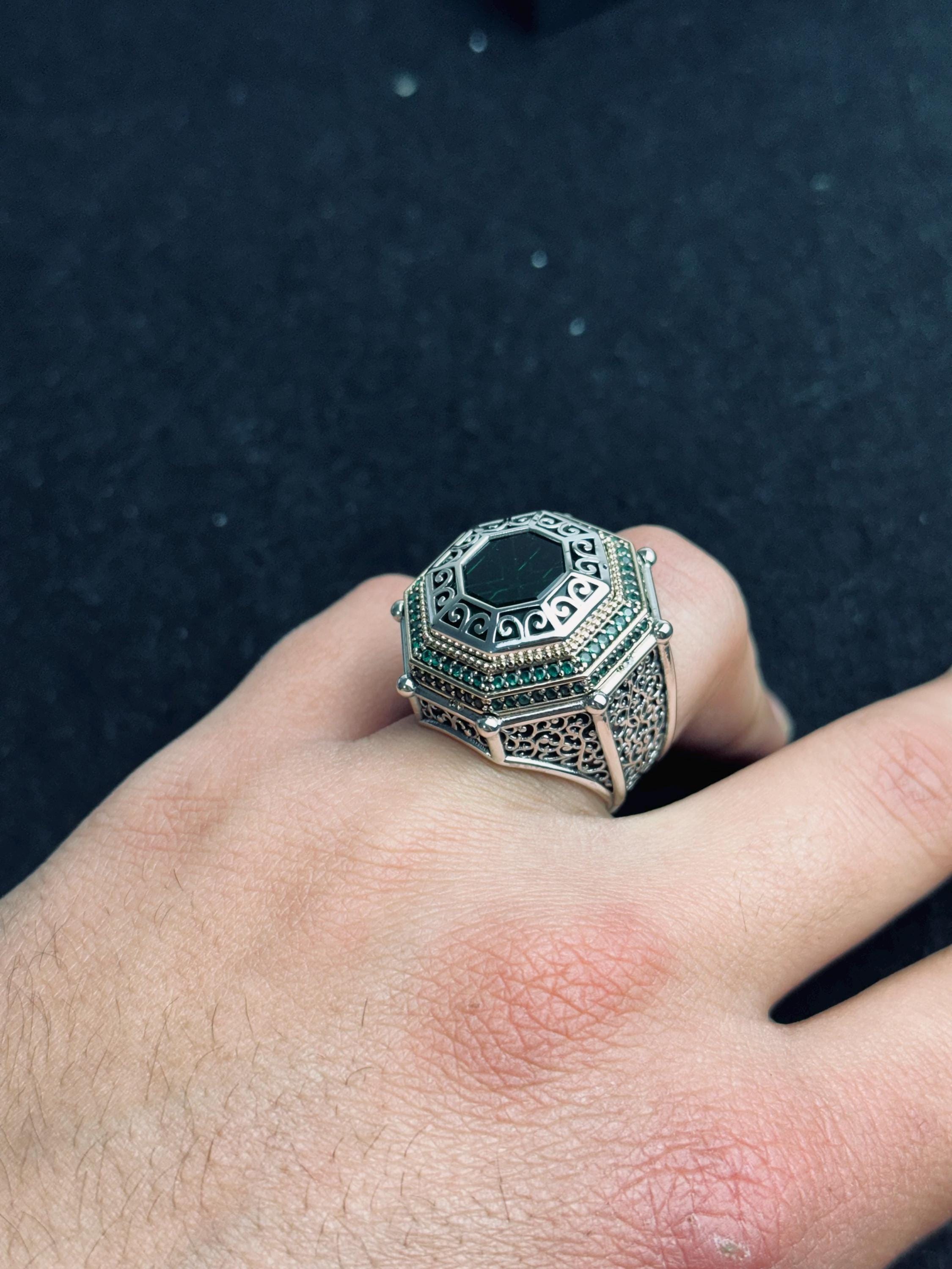 Octagon Emerald Ring, 925 Sterling Silver, Turkish Handmade Jewelry