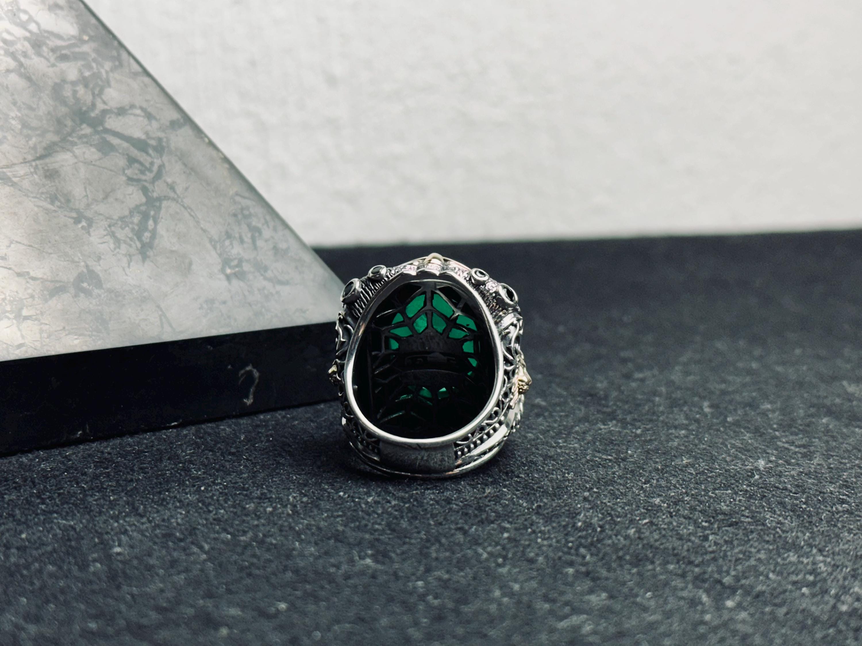 Green Tourmaline Men's Silver Ring - Large Lion Head Design