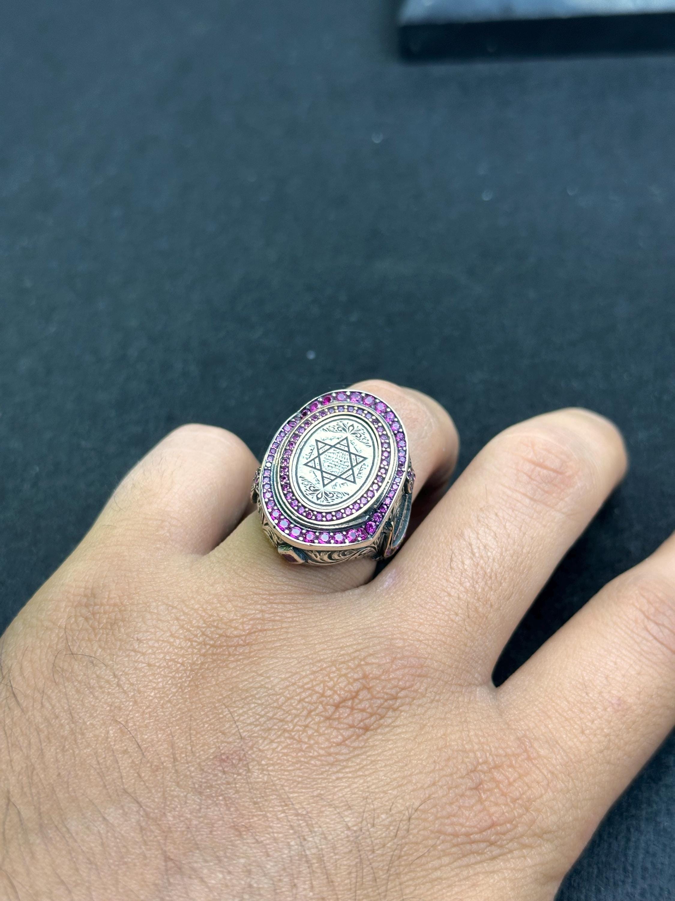 Seal of Solomon Ring: Arabic Calligraphy - Sterling Silver, Pink CZ
