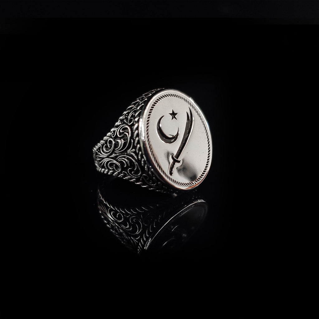 Embroidered Sword Moon Star Ring: Handmade 925 Sterling Silver