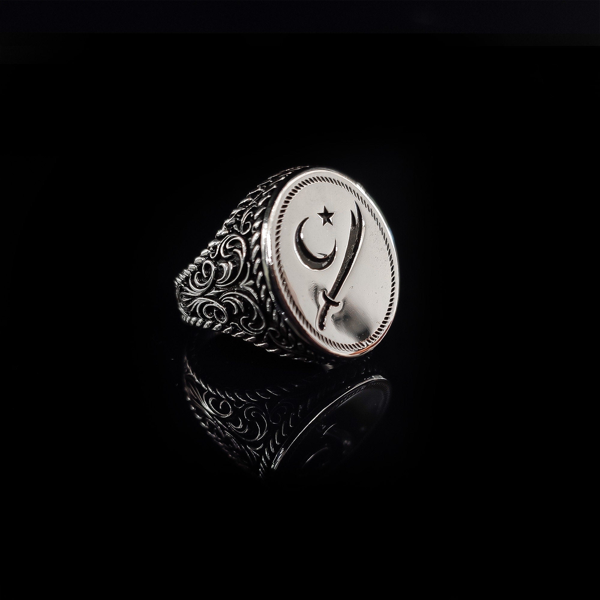 Embroidered Sword Moon Star Ring: Handmade 925 Sterling Silver