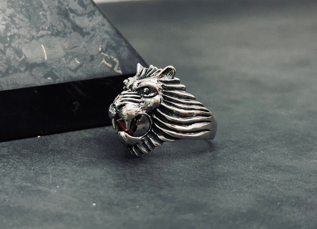 Men's Sterling Silver Lion Ring, Engraved CZ Gemstone (Handmade)