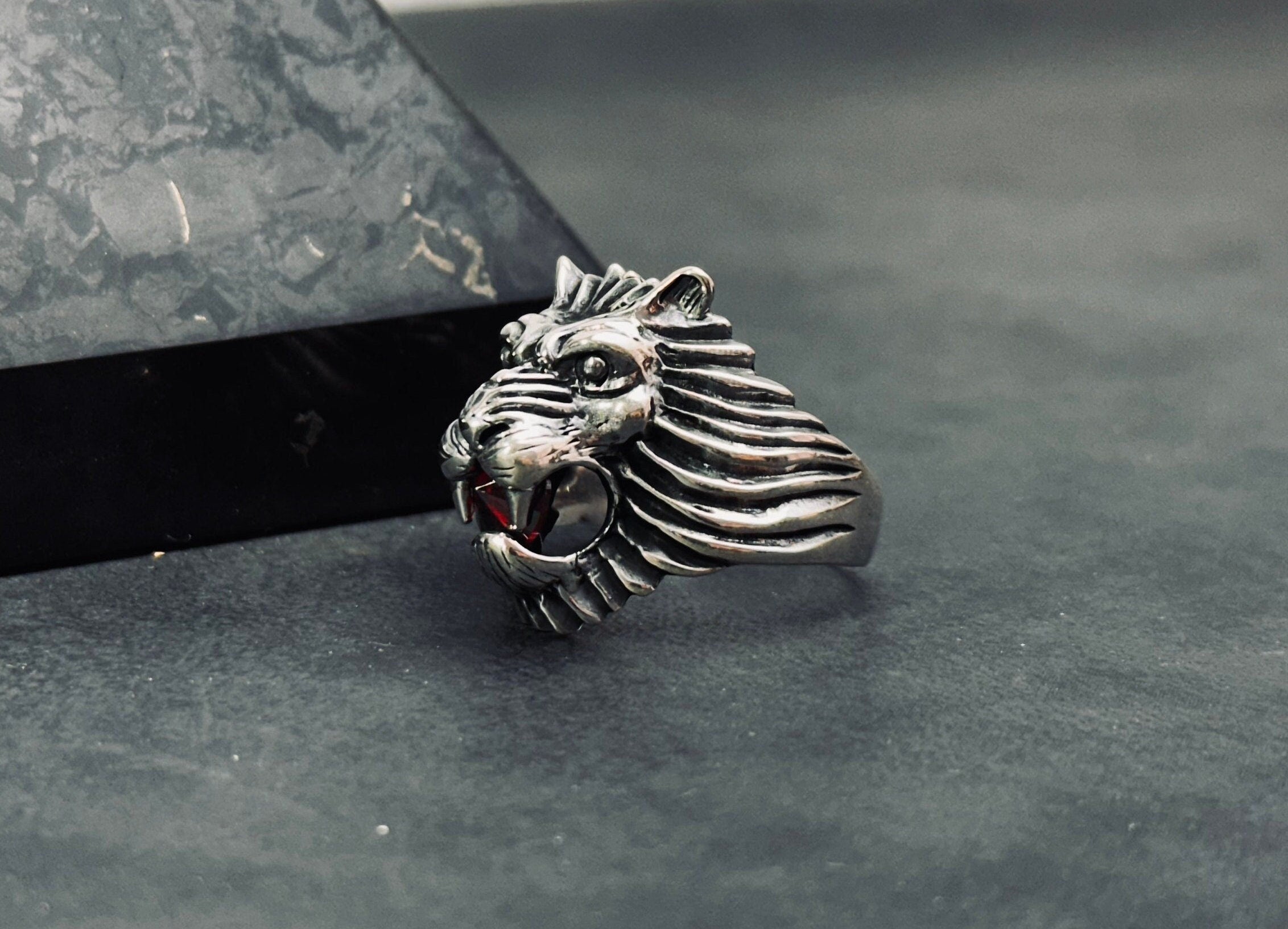 Men's Sterling Silver Lion Ring, Engraved CZ Gemstone (Handmade)