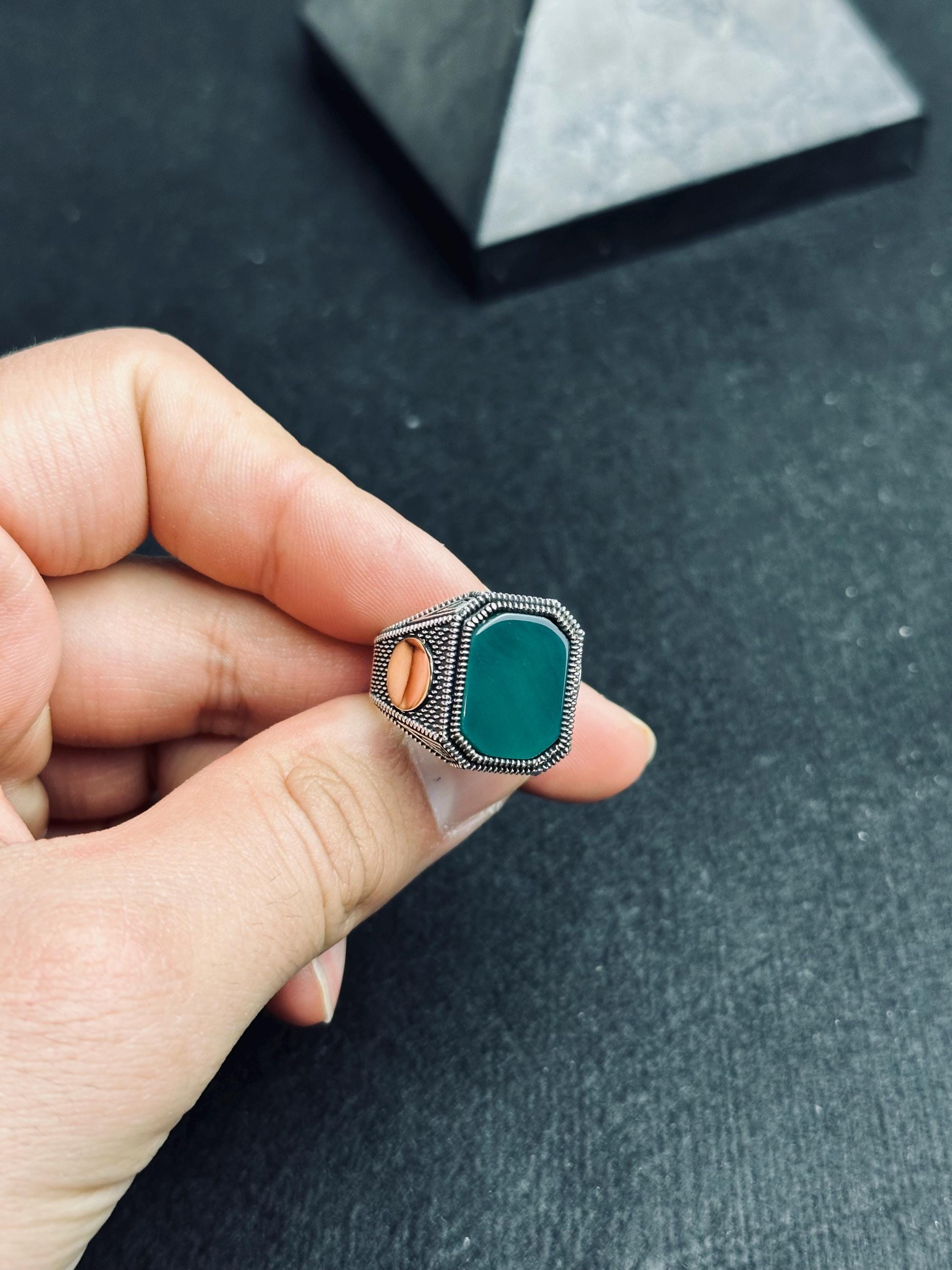 Green Agate Ring for Men: Handmade Sterling Silver Leaf Band