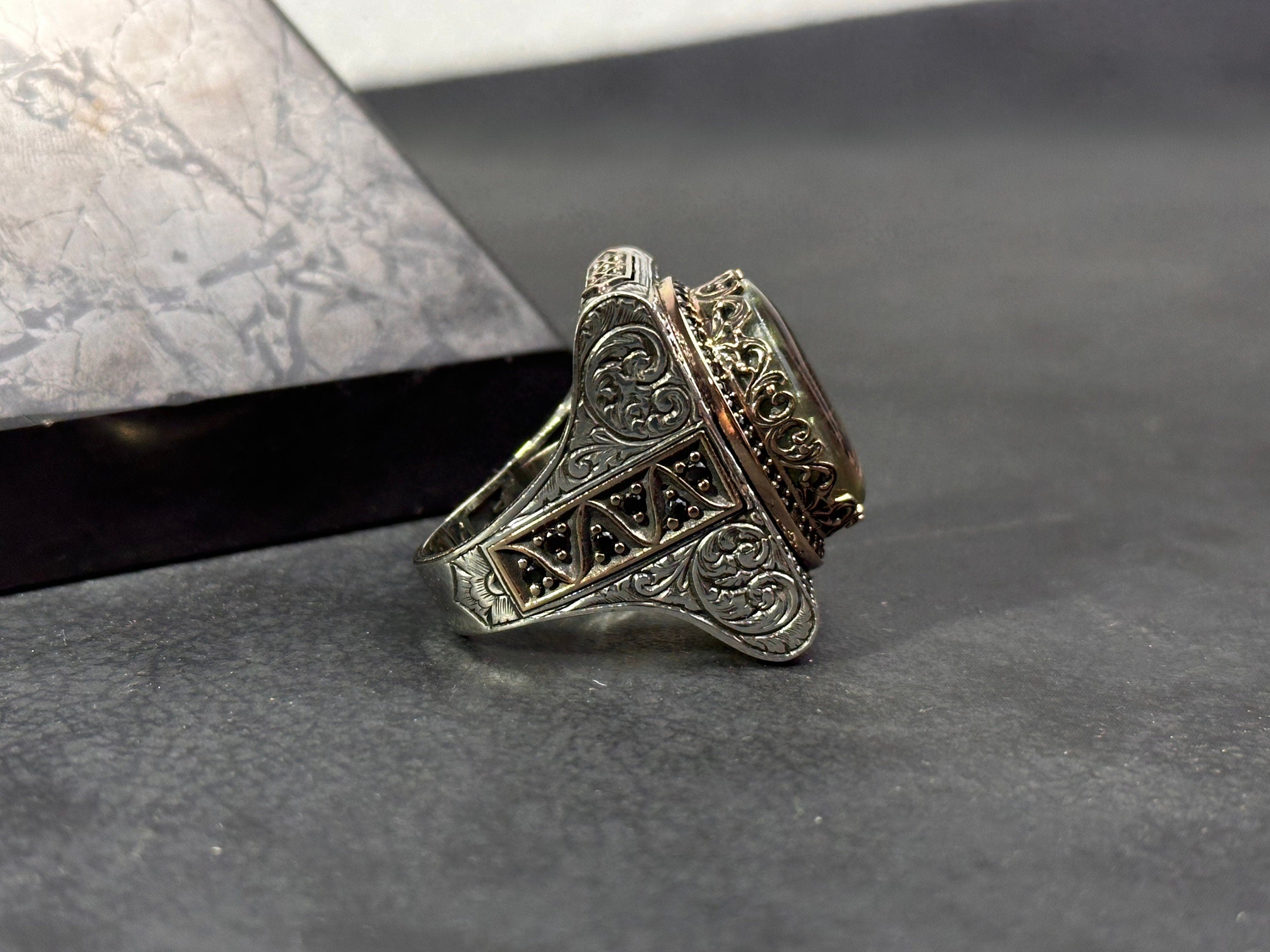 Solomon Seal Ring: Green Amber in Sterling Silver (Handmade Gift Box)