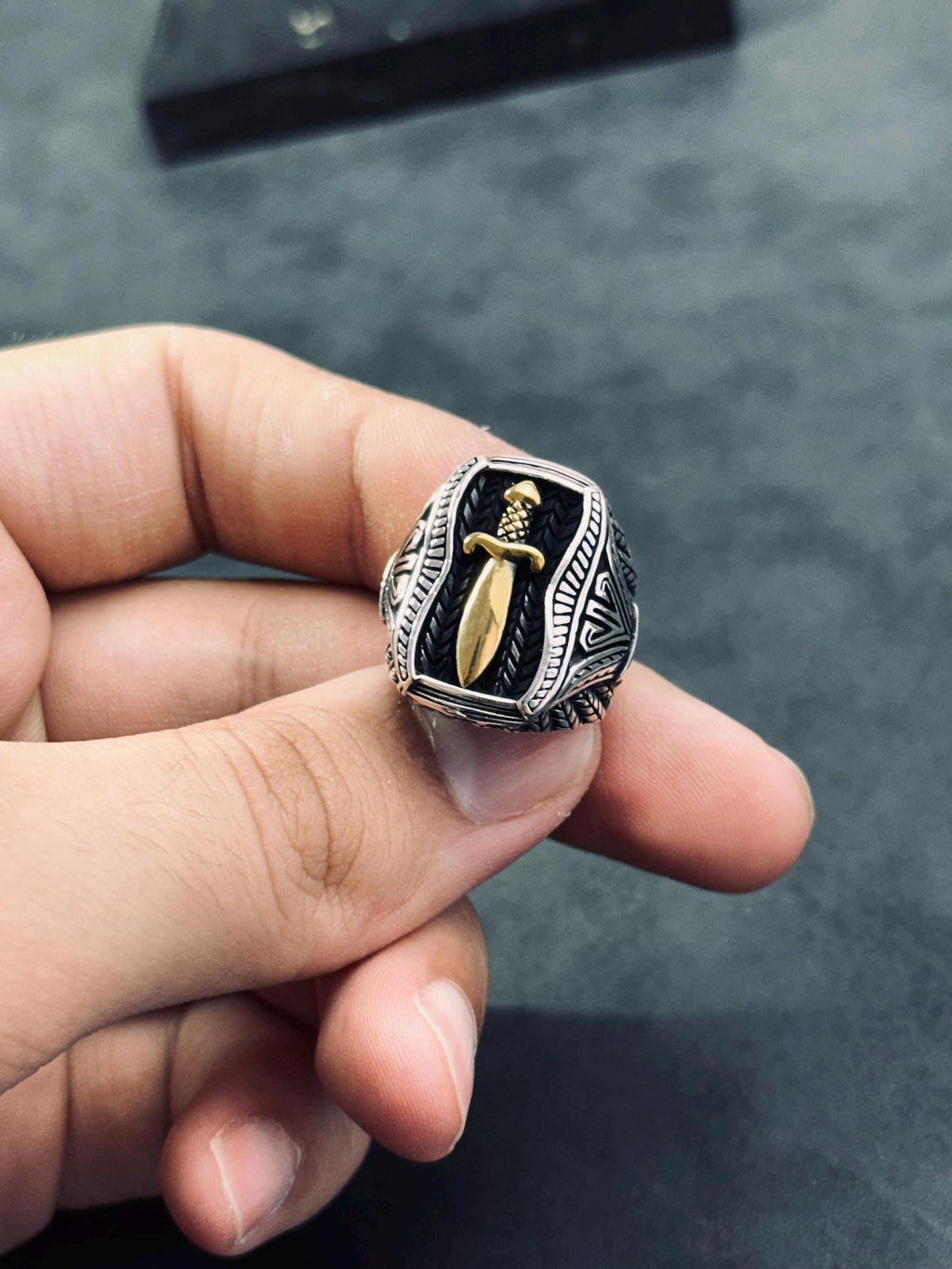 Sword Signet Ring: Handmade Silver with Gold Detail (Adjustable)