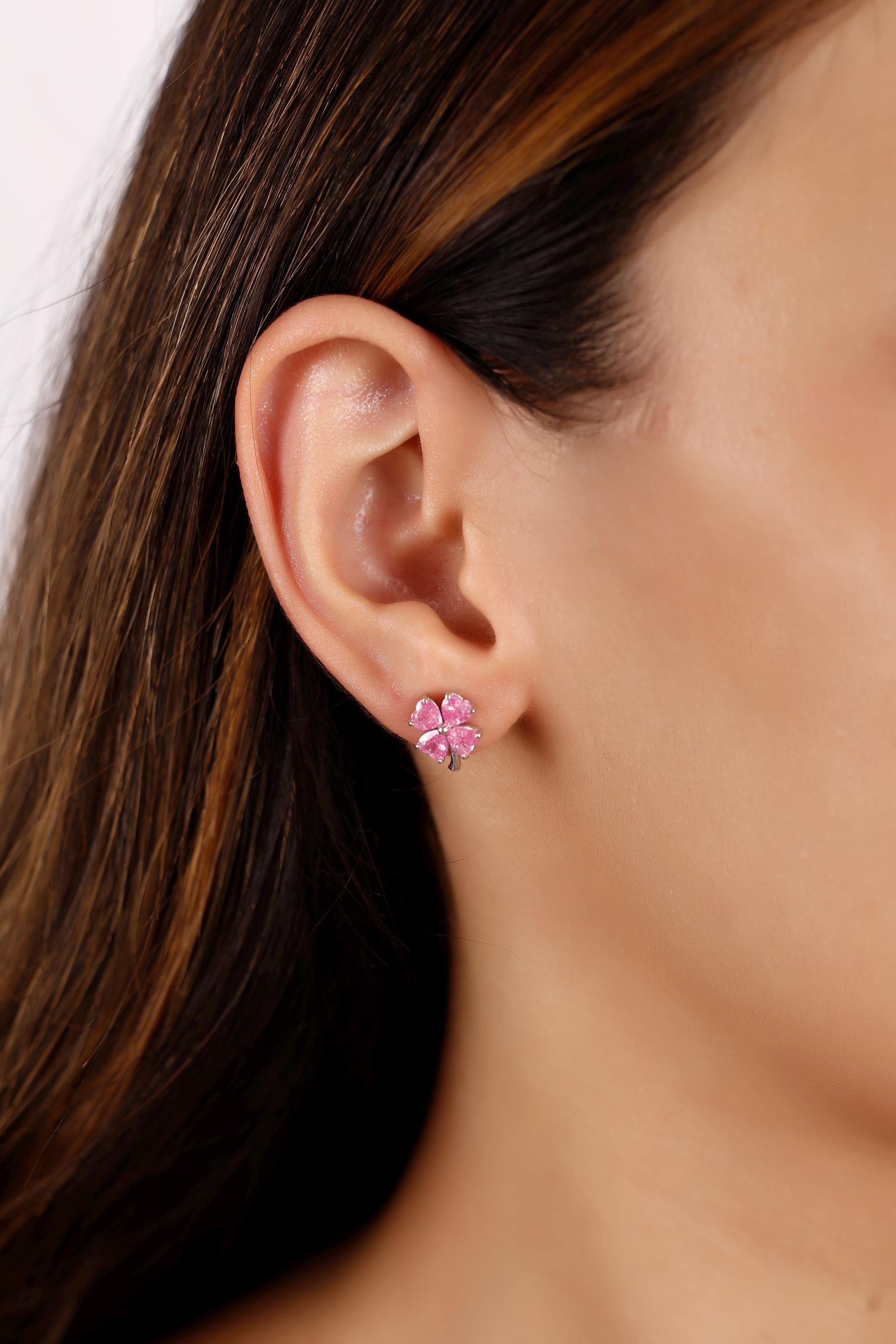 Pink Four Leaf Clover Stud Earrings, Sterling Silver Lucky Floral Jewelry