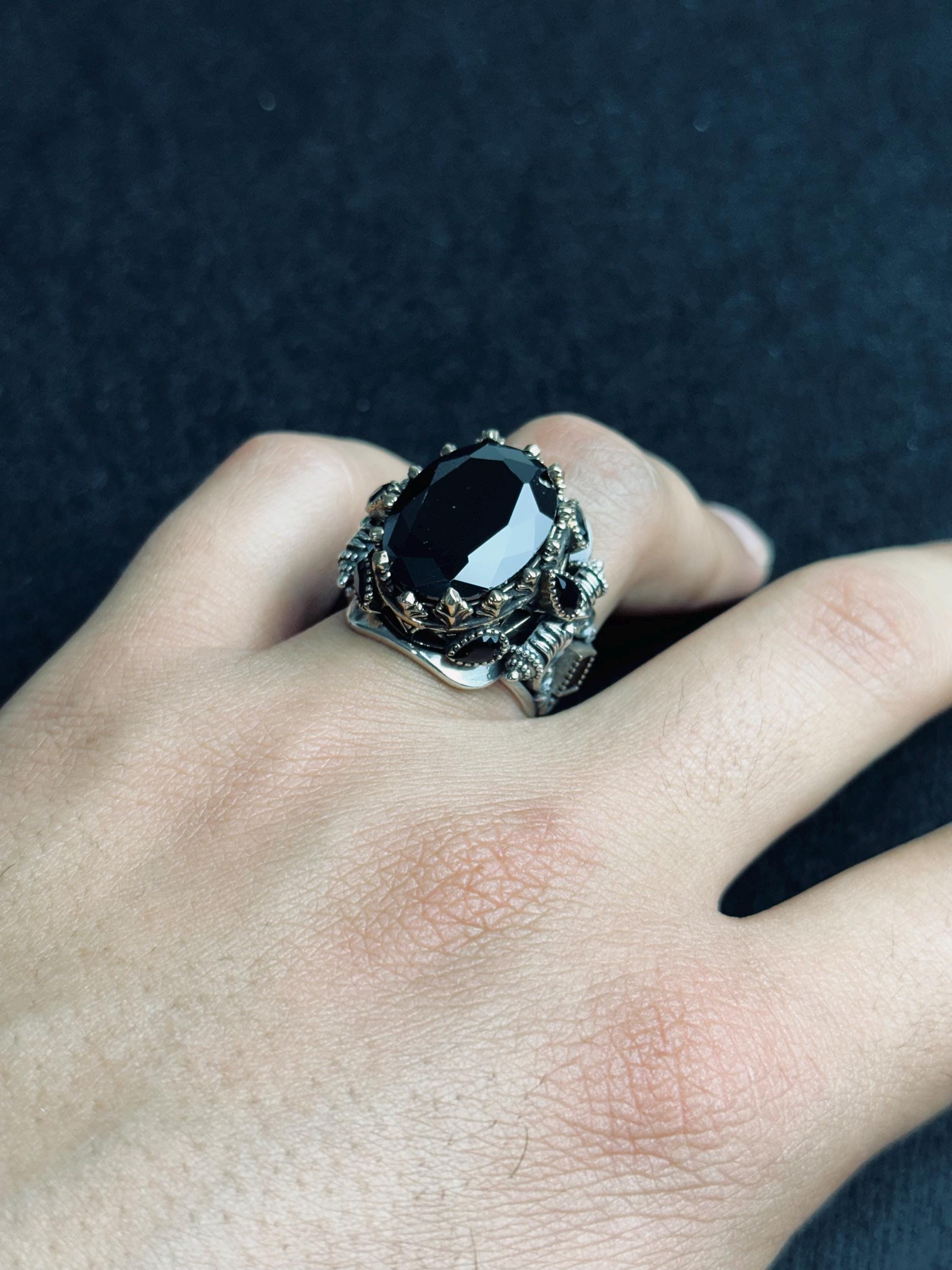 Turkish Handmade Men's Ring, Black Zircon Geometric (Sterling Silver)