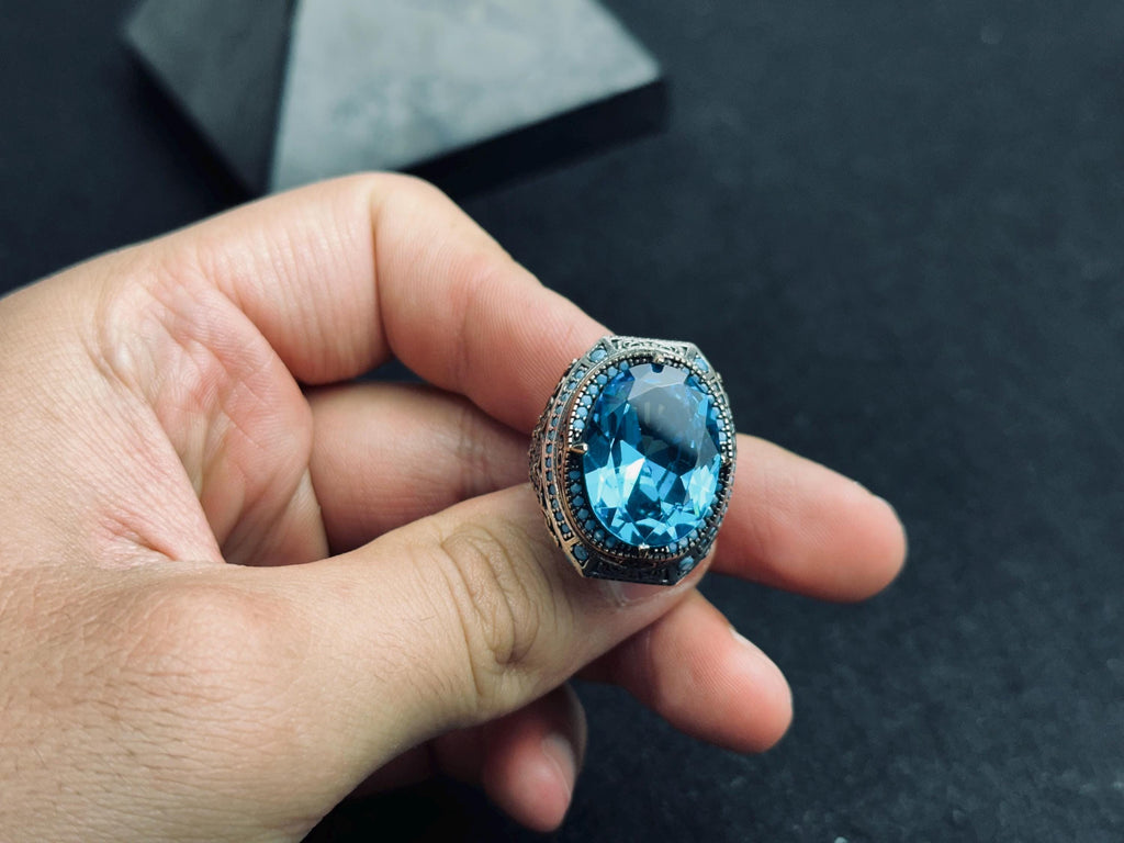 Oval Aquamarine Ring for Men - Bold Vintage Sterling Silver