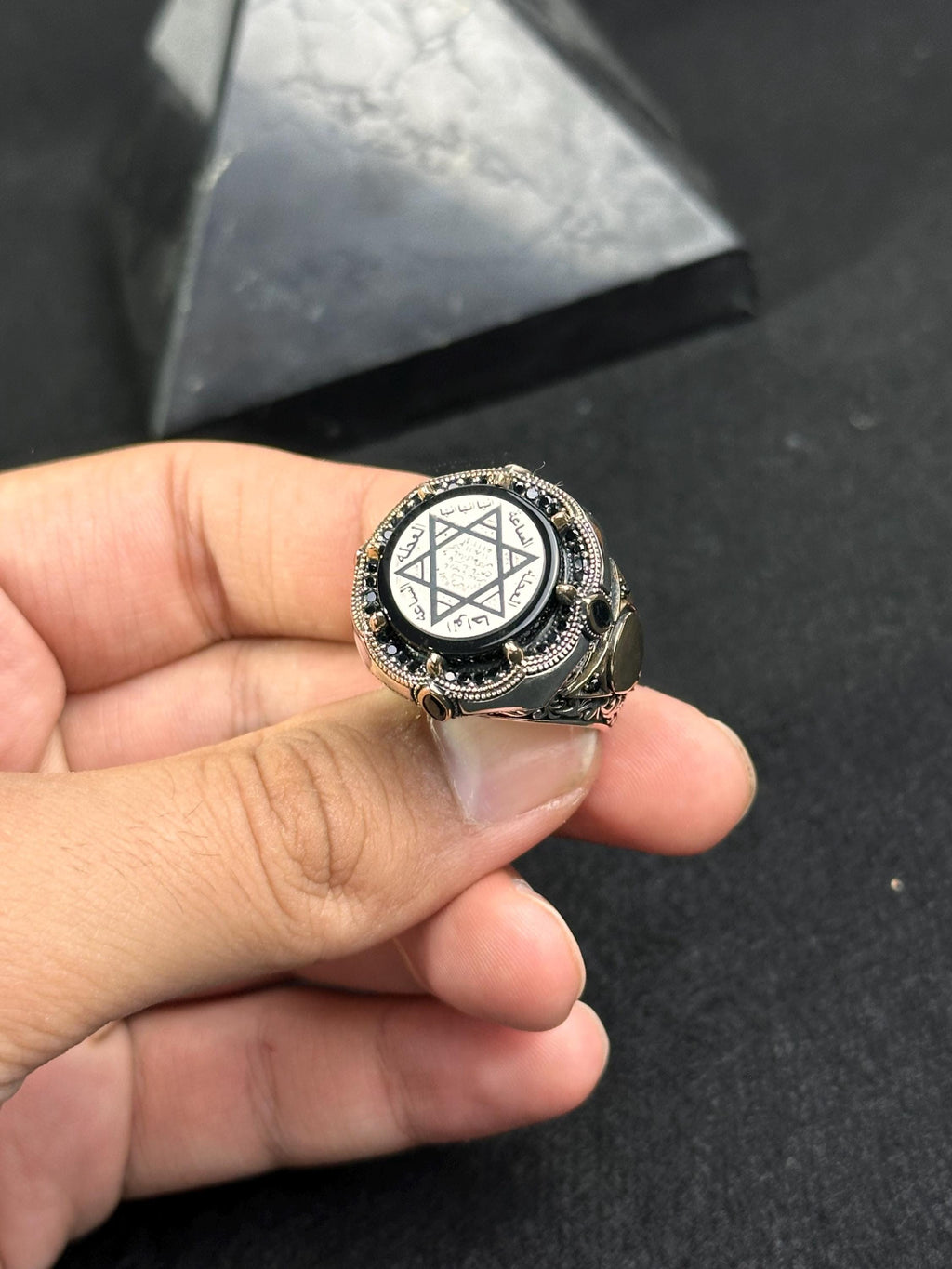 Engraved Seal of Solomon Ring: Amber, Sterling Silver (Men's Signet)