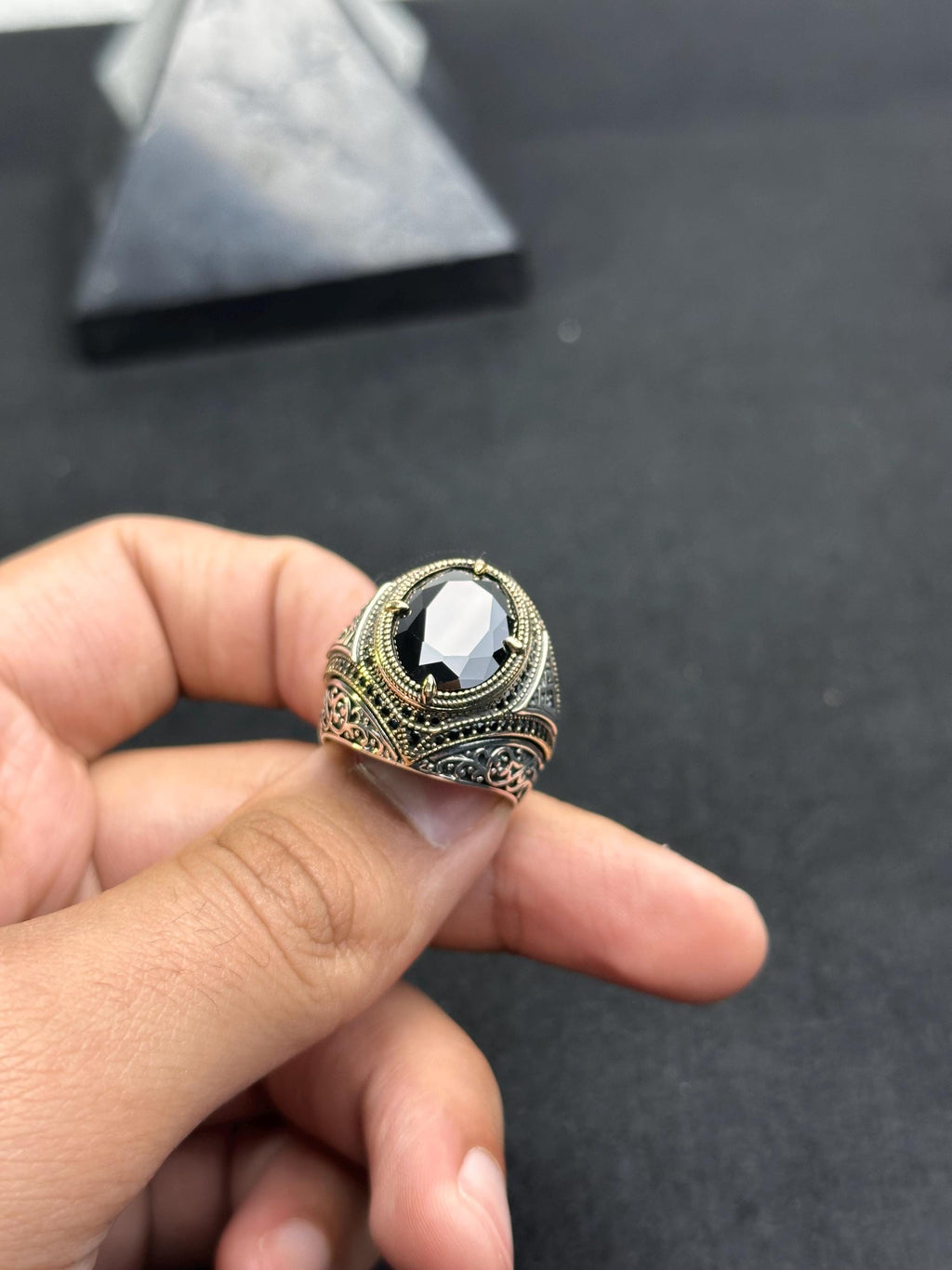 Men's Silver Ring: Handmade 925 Sterling - Black Zircon Stone