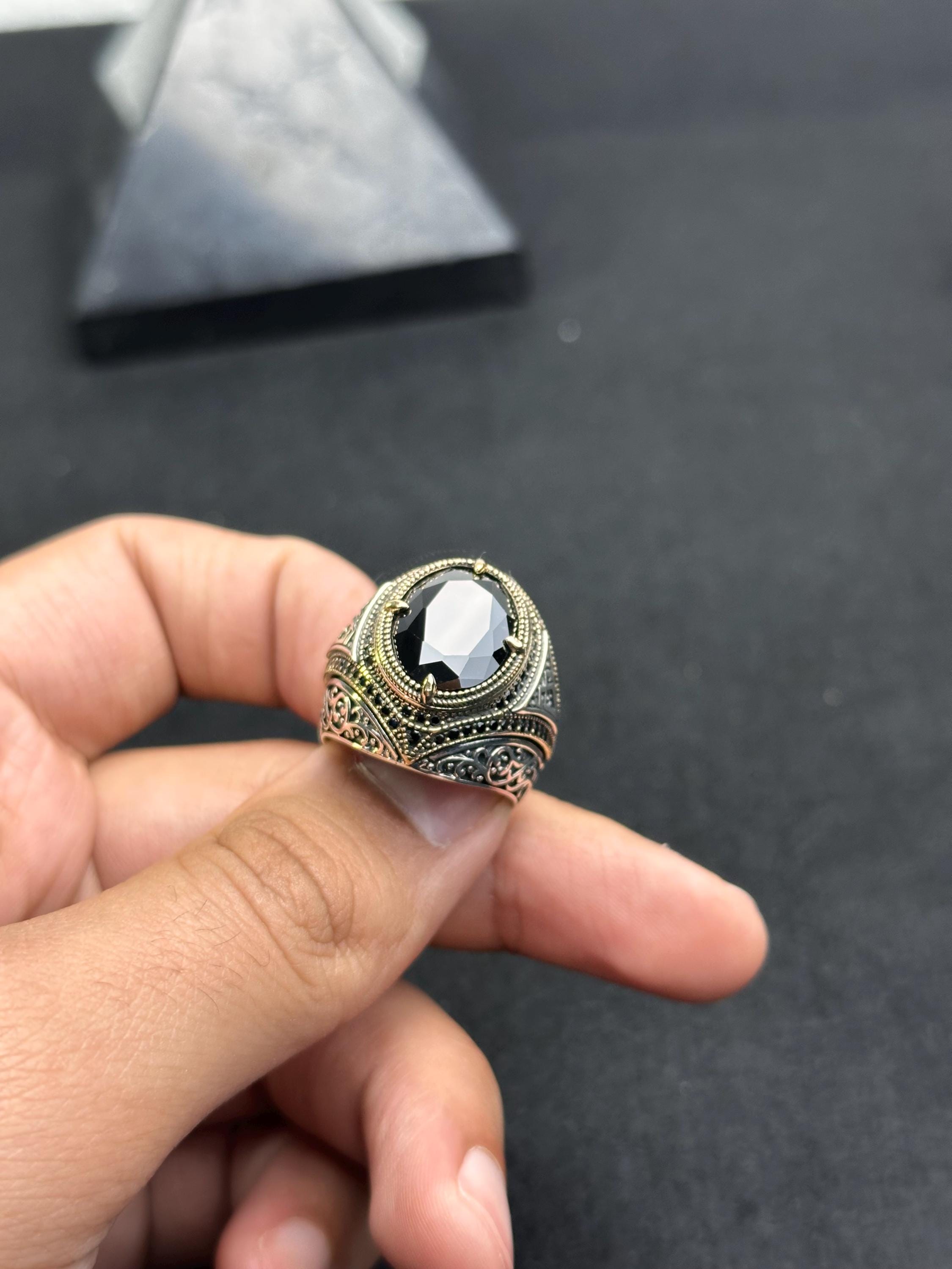 Men's Silver Ring: Handmade 925 Sterling - Black Zircon Stone