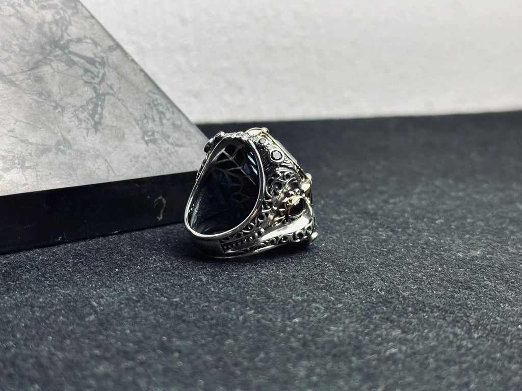 Handmade Sterling Silver Men’s Ring with Large Blue Gemstone – Vintage Ottoman Style Statement Ring, Bold Warrior Ring, Gift for Him