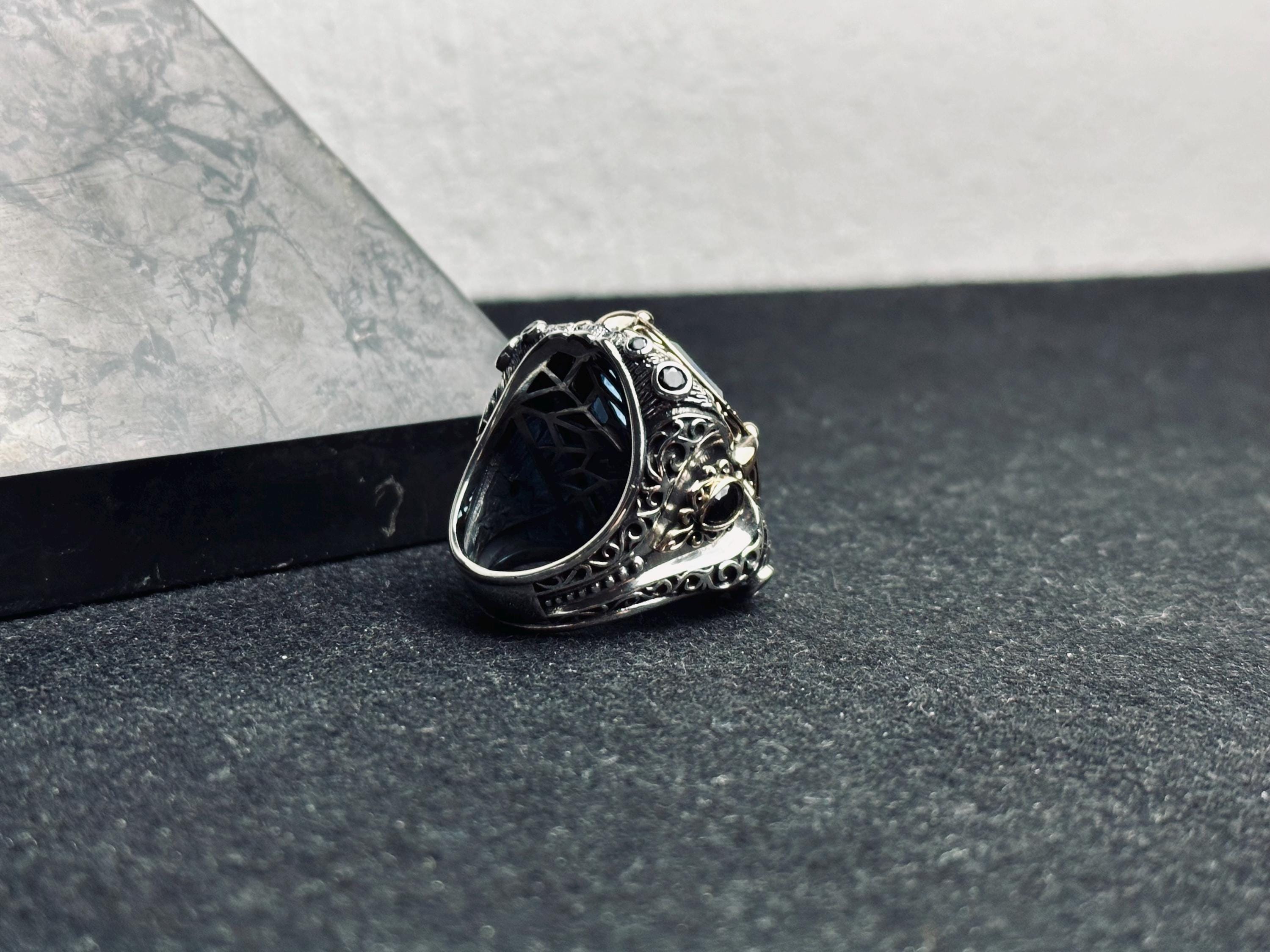 Handmade Sterling Silver Men’s Ring with Large Blue Gemstone – Vintage Ottoman Style Statement Ring, Bold Warrior Ring, Gift for Him