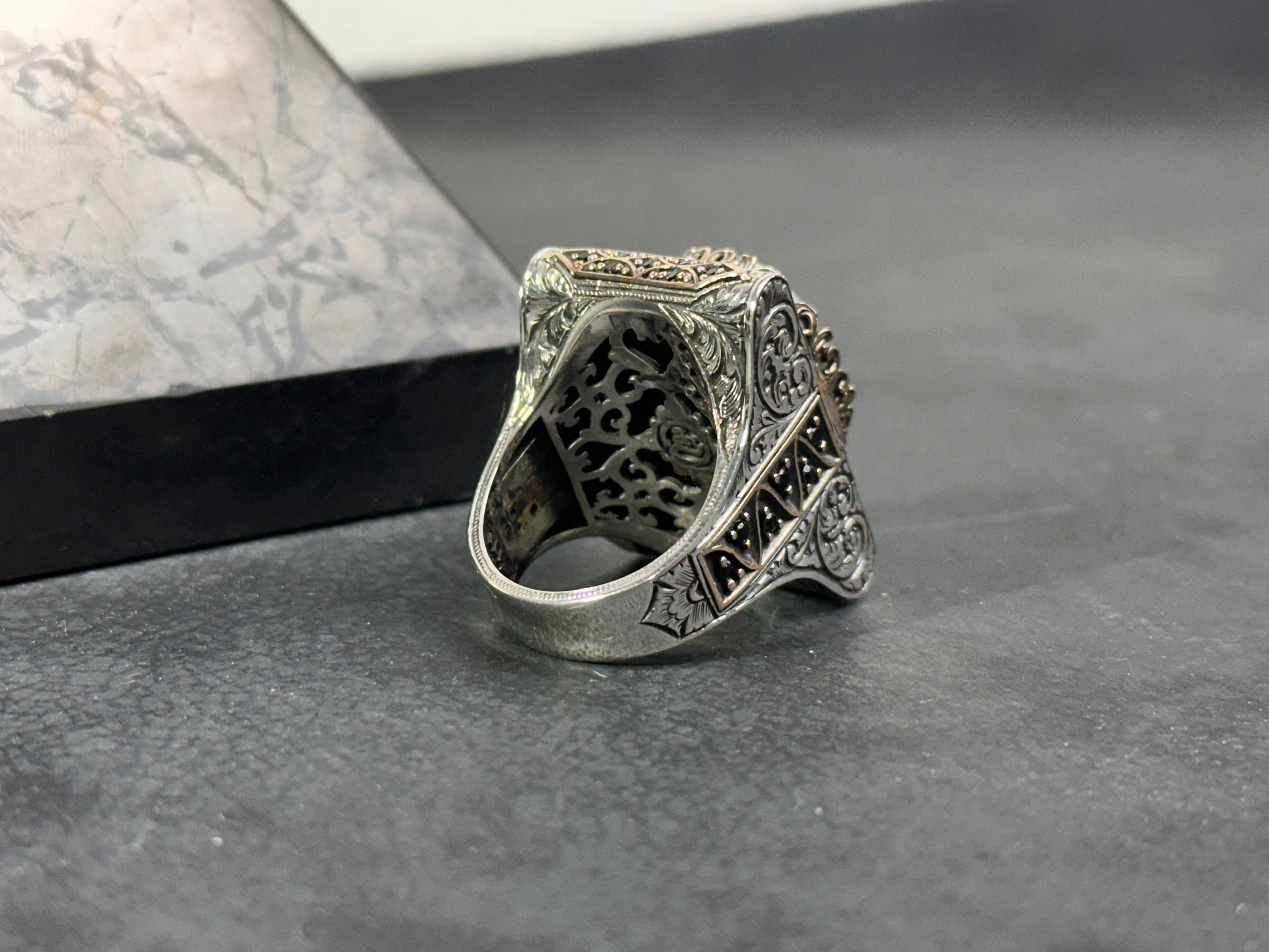 Solomon Seal Ring: Green Amber in Sterling Silver (Handmade Gift Box)