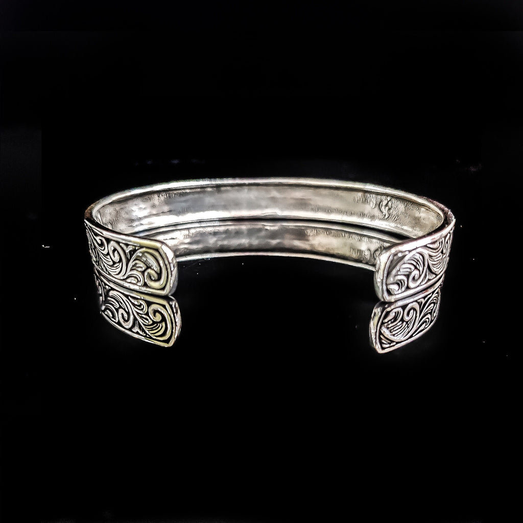 Sterling Silver Cuff Bracelet: Handmade Engraved - Adjustable Fit